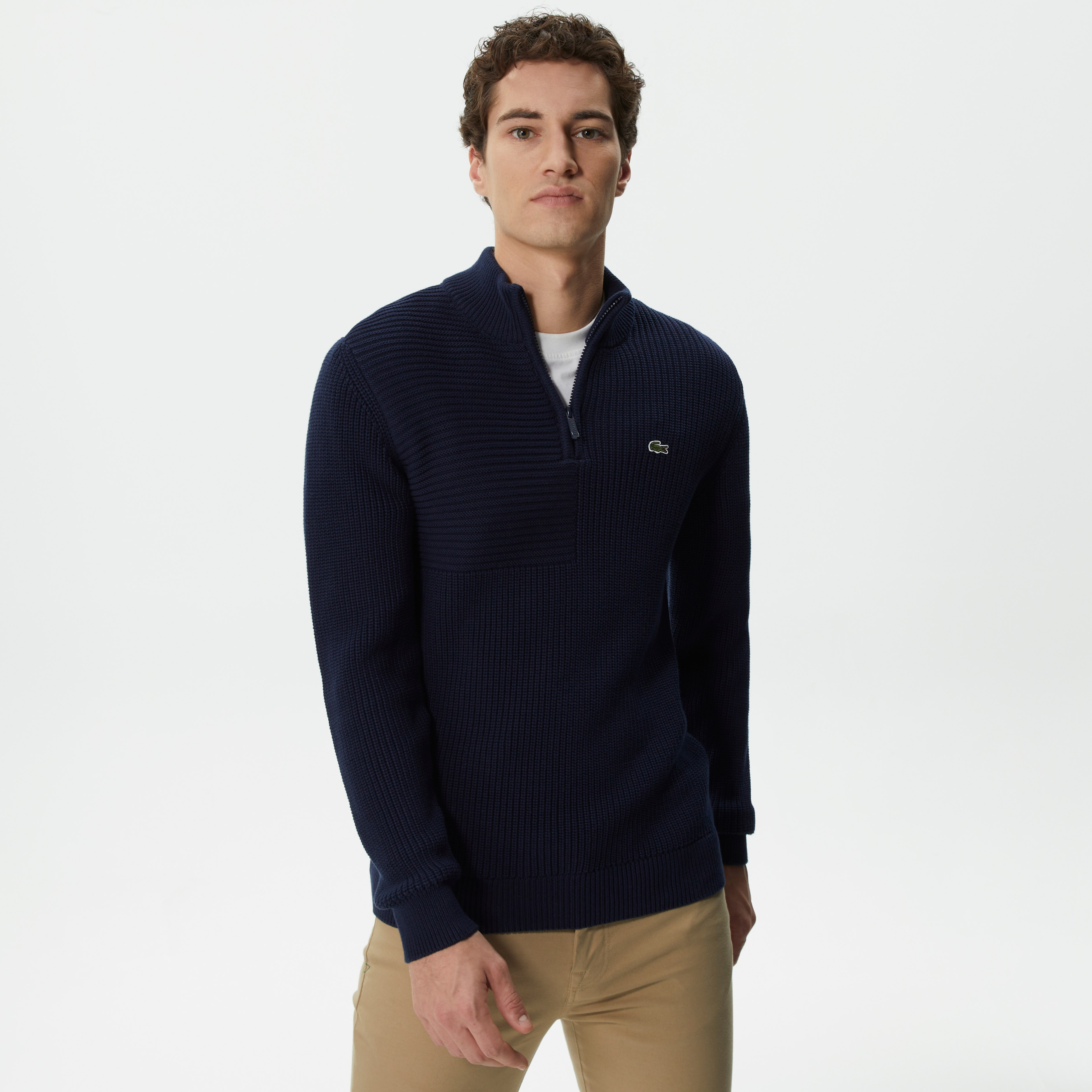 Lacoste Erkek Regular Fit Uzun Kollu Dik Yaka Desenli Lacivert Triko