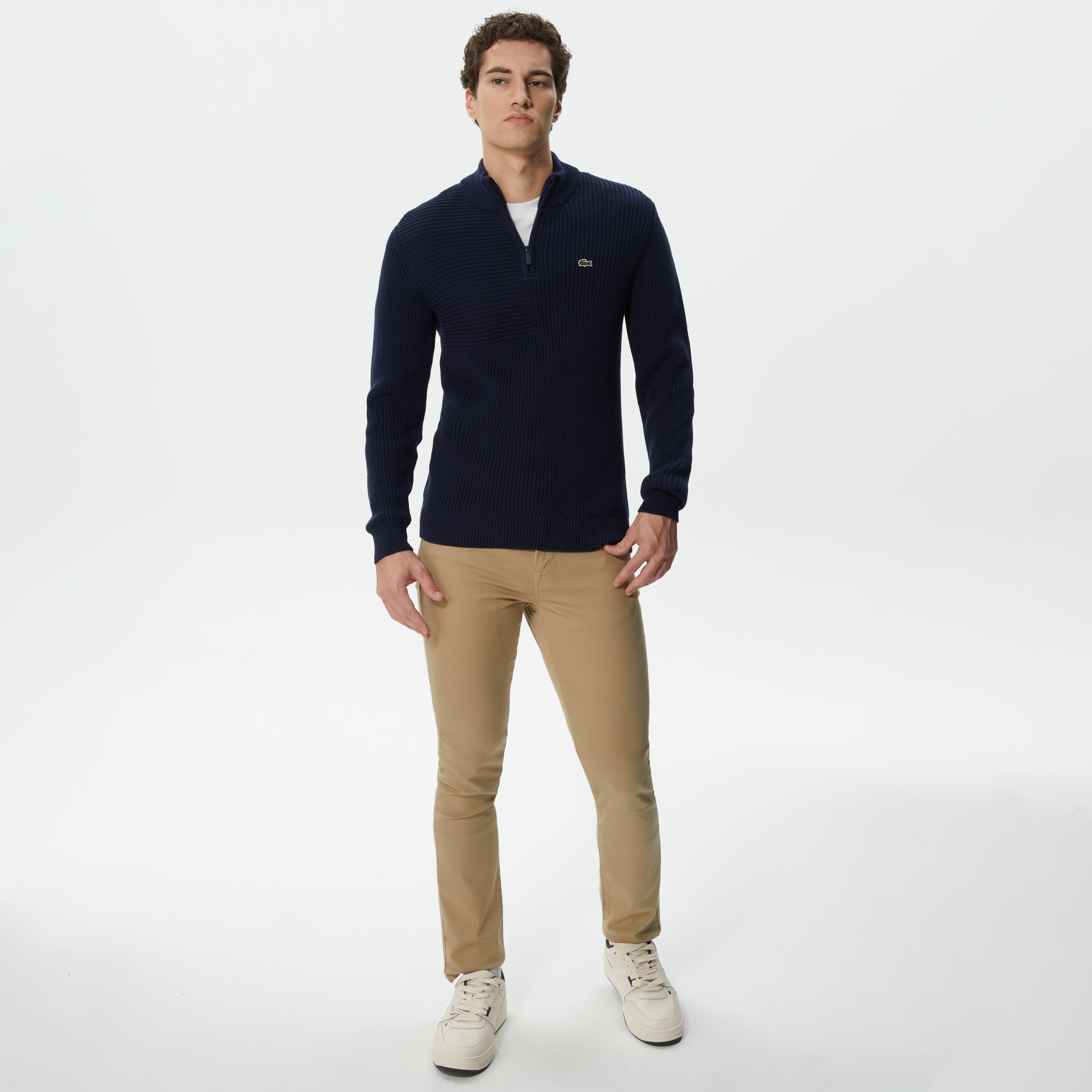 Lacoste Erkek Regular Fit Uzun Kollu Dik Yaka Desenli Lacivert Triko