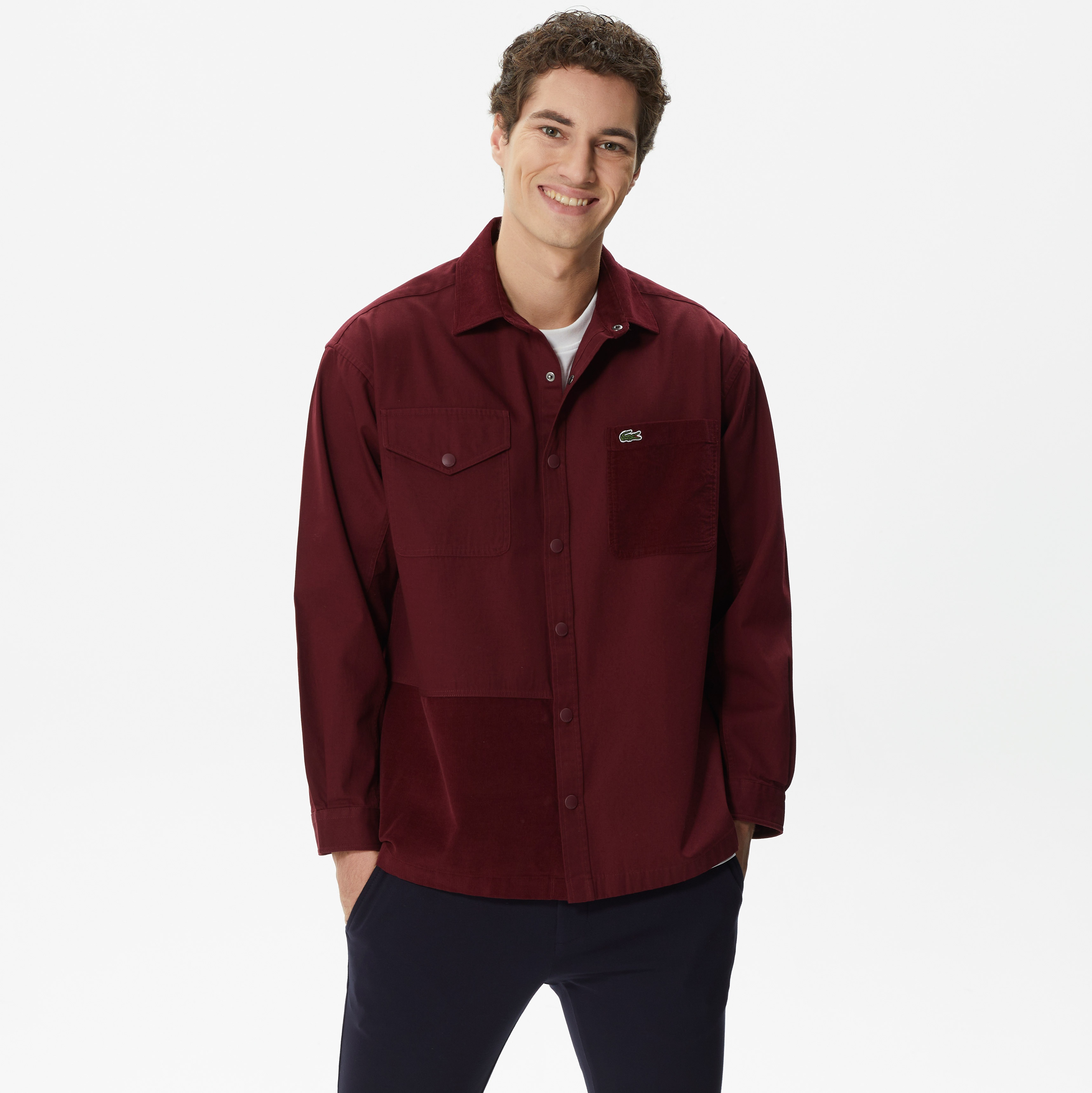 Lacoste Erkek Relaxed Fit Renk Bloklu Bordo Gömlek