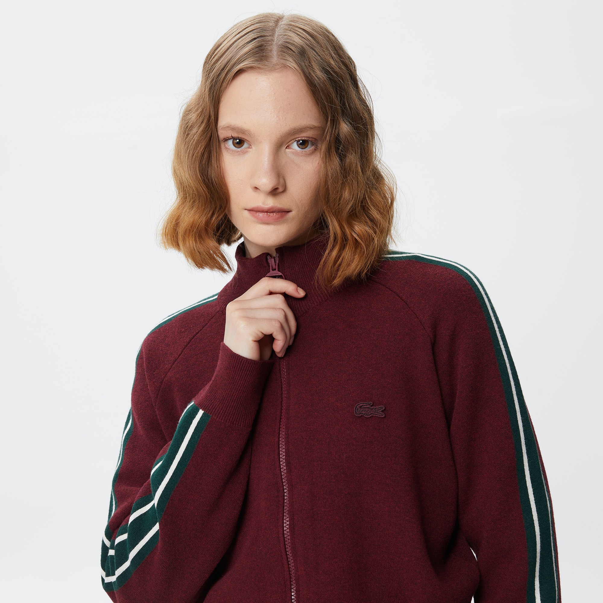 Lacoste Kadın Relaxed Fit Fermuarlı Renk Bloklu Kırmızı Hırka