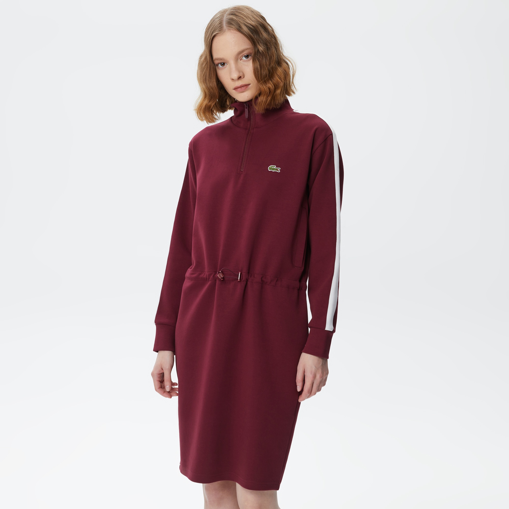 Lacoste Kadın Loose Fit Uzun Kollu Dik Yaka Baskılı Bordo Elbise