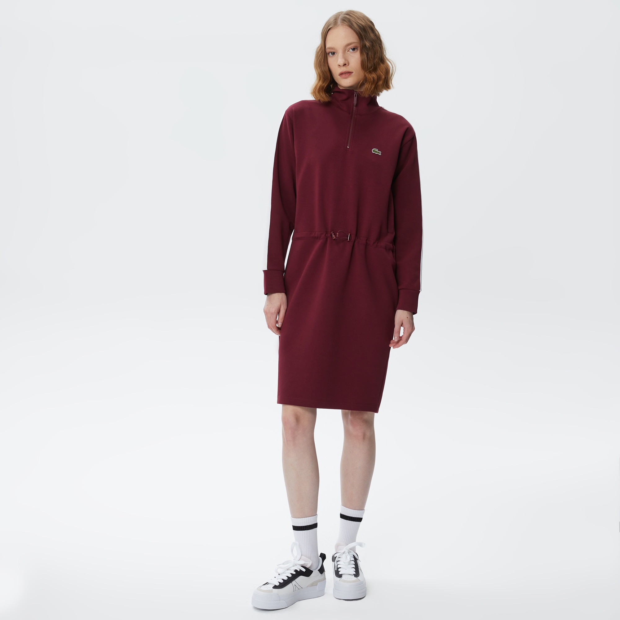 Lacoste Kadın Loose Fit Uzun Kollu Dik Yaka Baskılı Bordo Elbise
