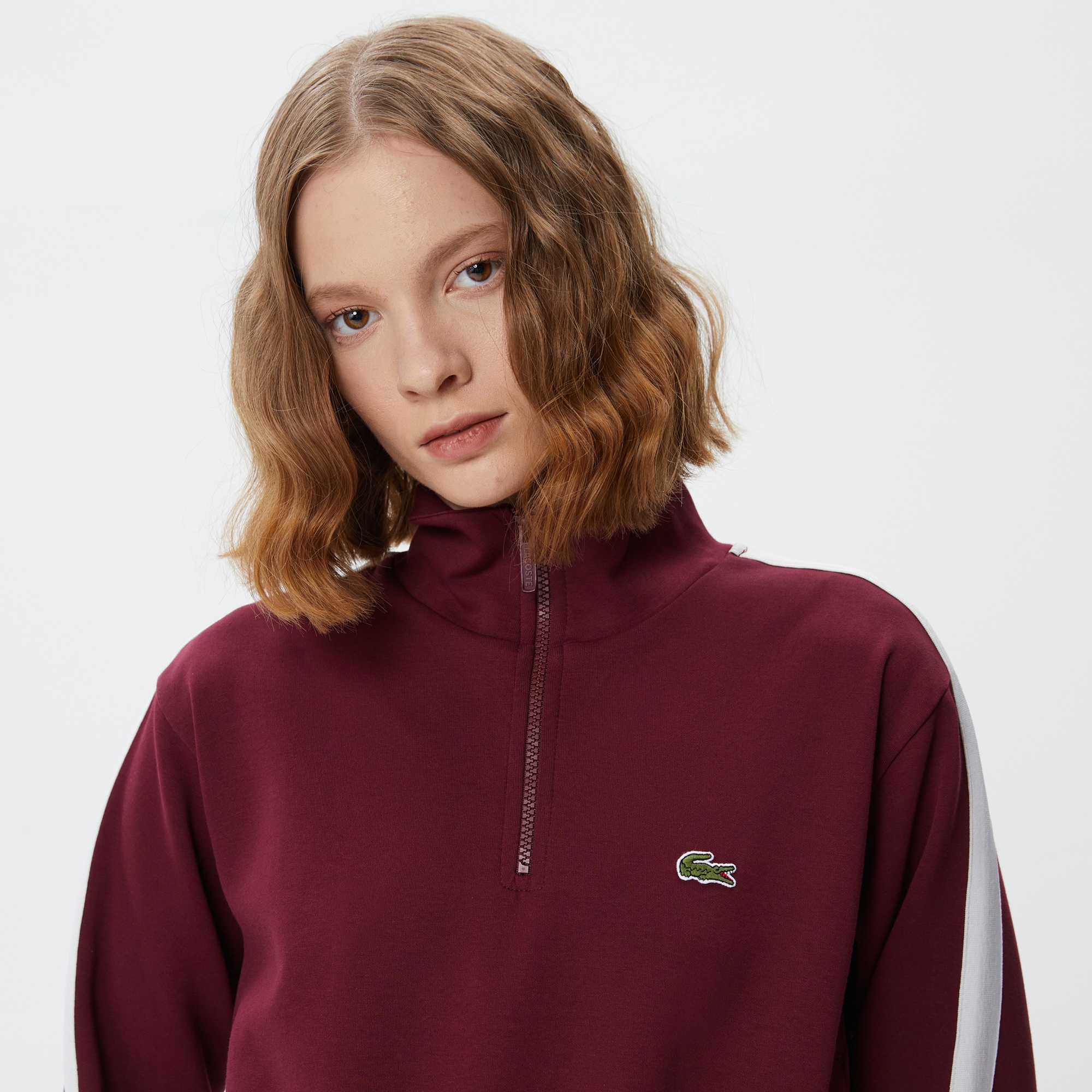 Lacoste Kadın Loose Fit Uzun Kollu Dik Yaka Baskılı Bordo Elbise