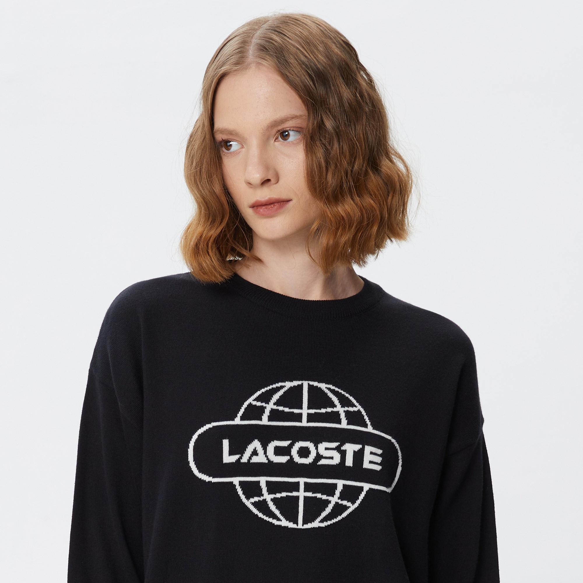 Lacoste Kadın Regular Fit Bisiklet Yaka Baskılı Siyah Kazak