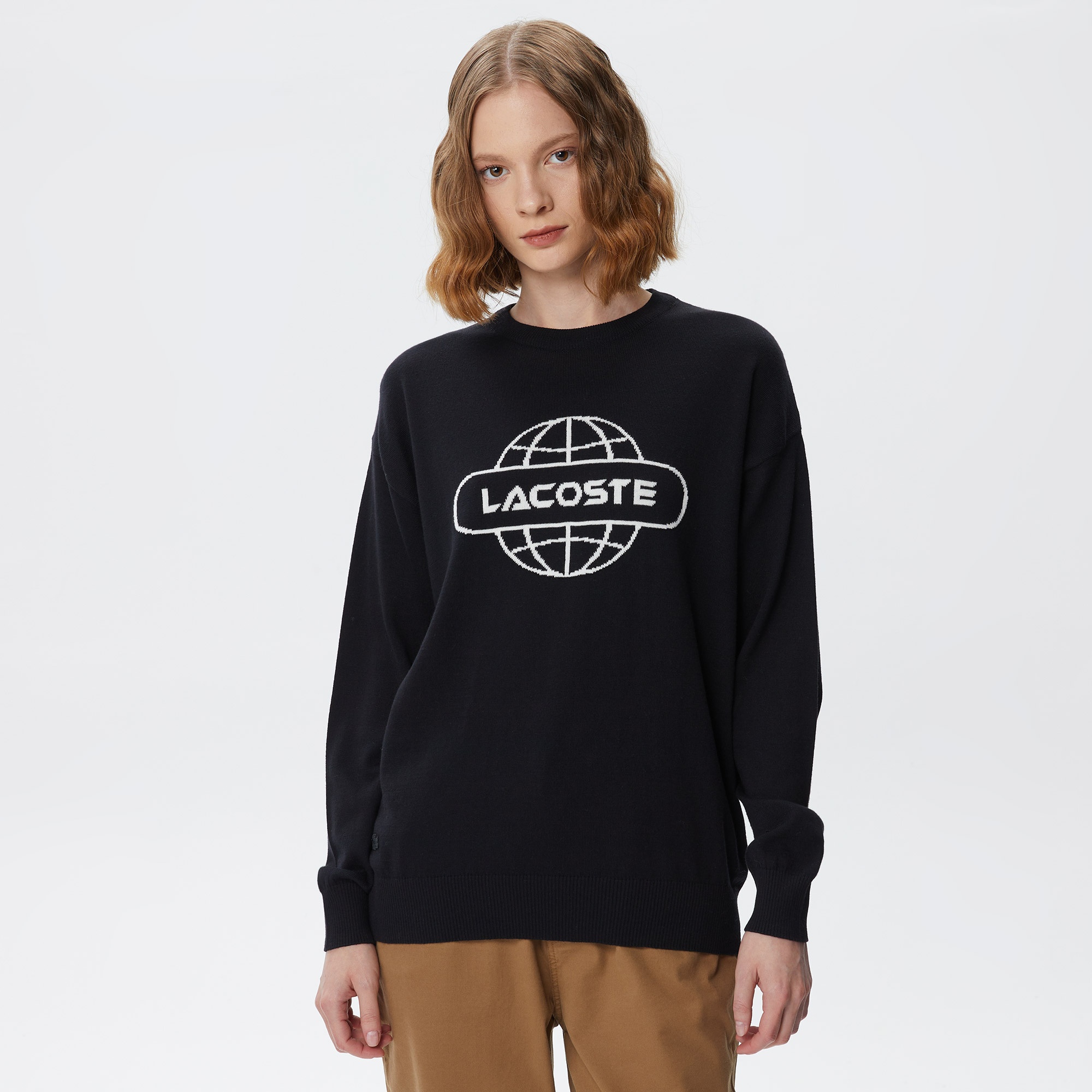 Lacoste Kadın Regular Fit Bisiklet Yaka Baskılı Siyah Kazak