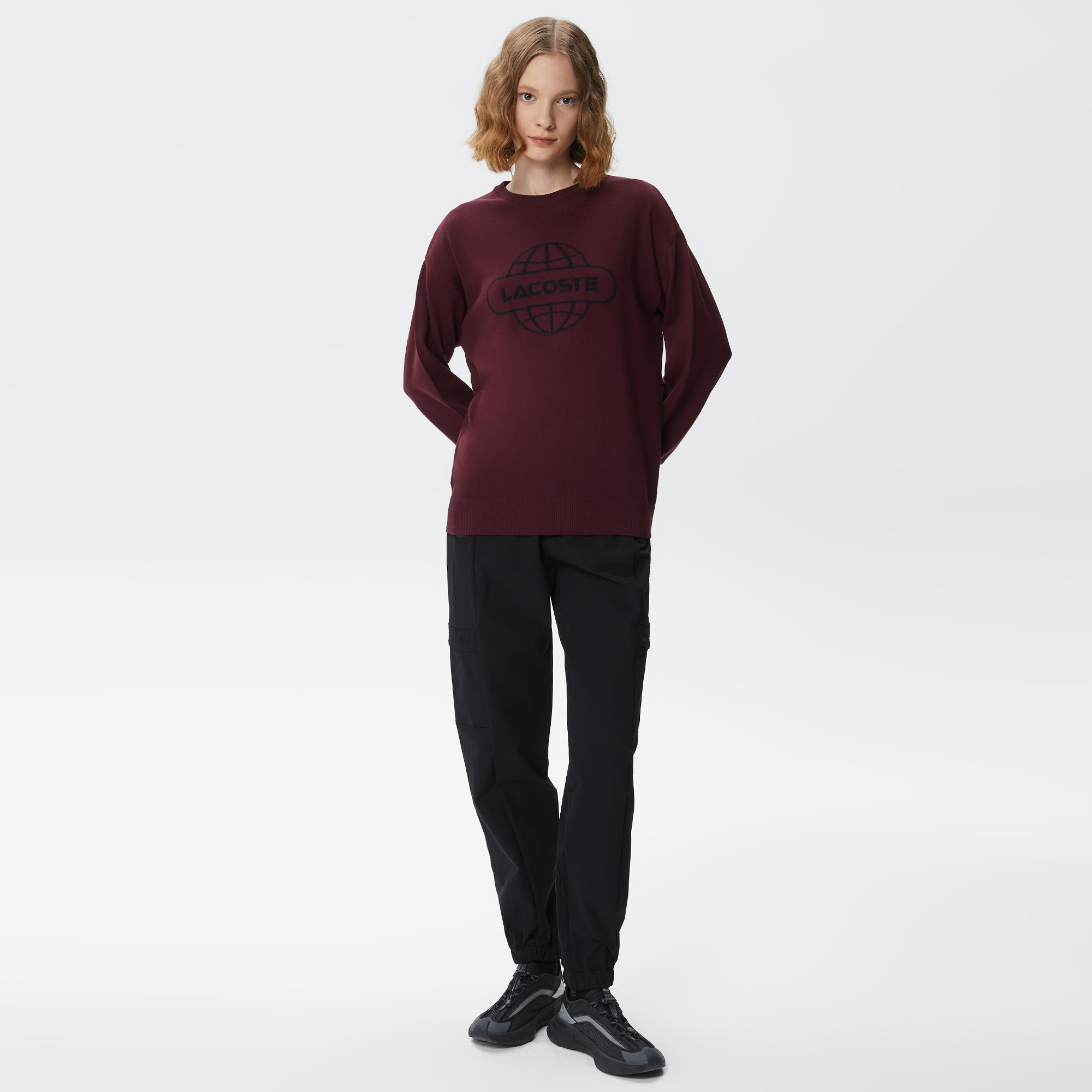 Lacoste Kadın Regular Fit Bisiklet Yaka Baskılı Kırmızı Kazak