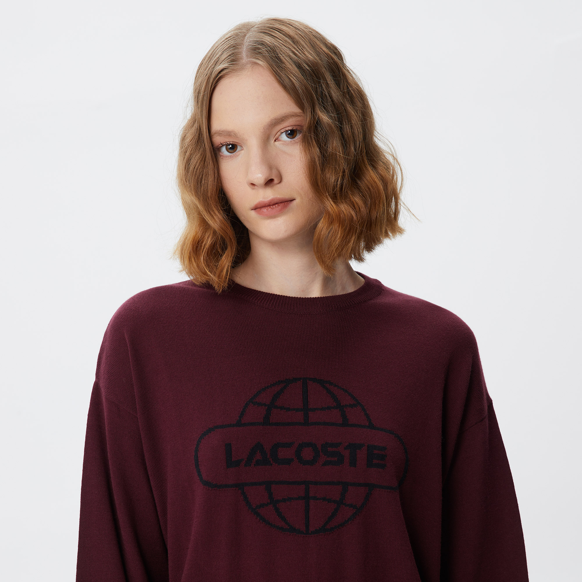 Lacoste Kadın Regular Fit Bisiklet Yaka Baskılı Kırmızı Kazak