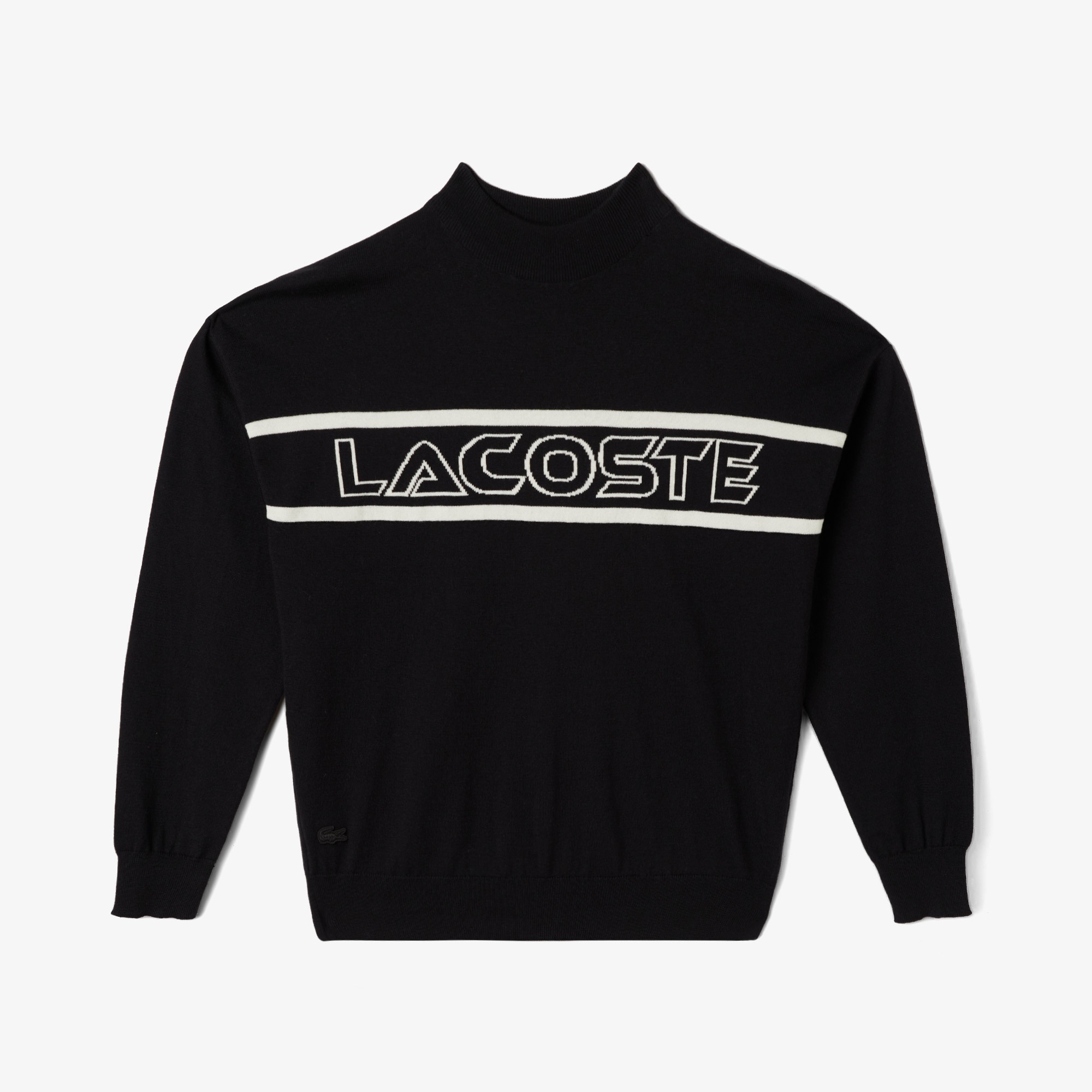 Lacoste Kadın Regular Fit Dik Yaka Baskılı Siyah Kazak