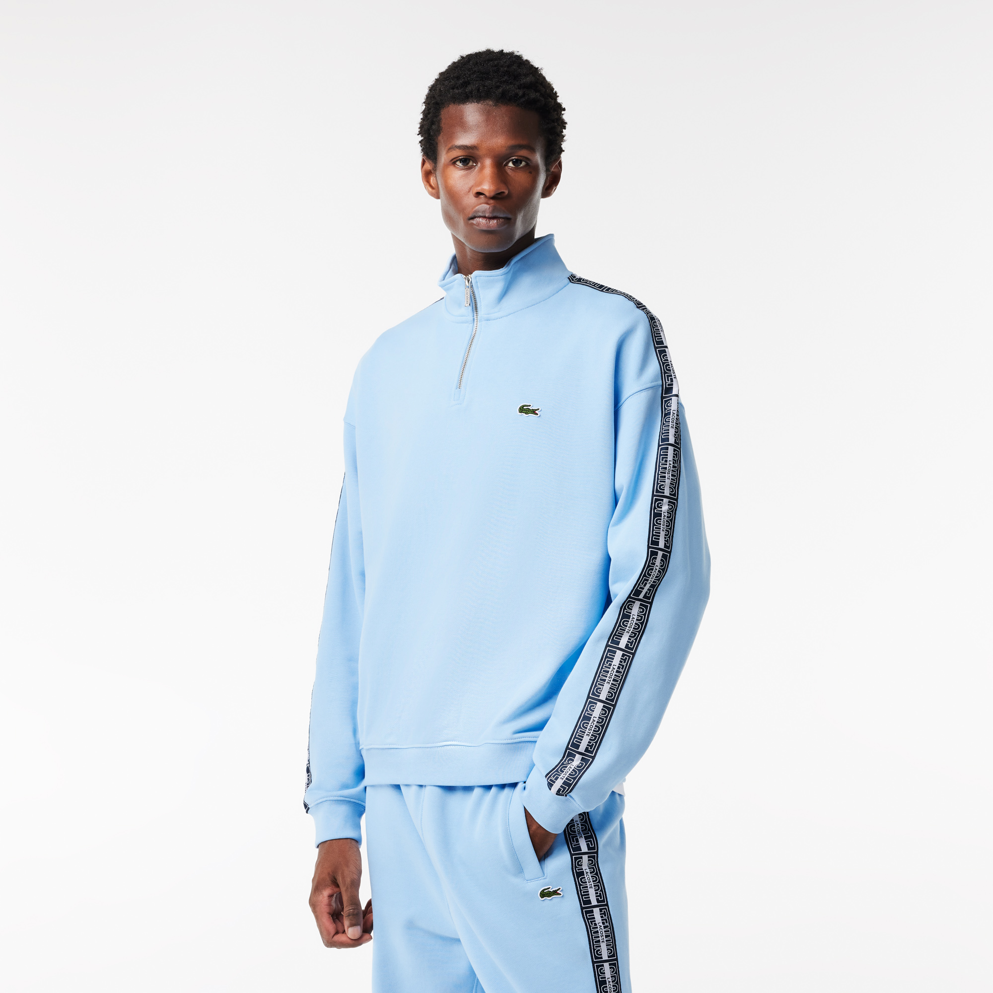 LACOSTE 幾何学模様ジャージ US L ネイビー Lacoste Erkek Loose Fit Yarım Fermuarlı Baskılı Açık Mavi
