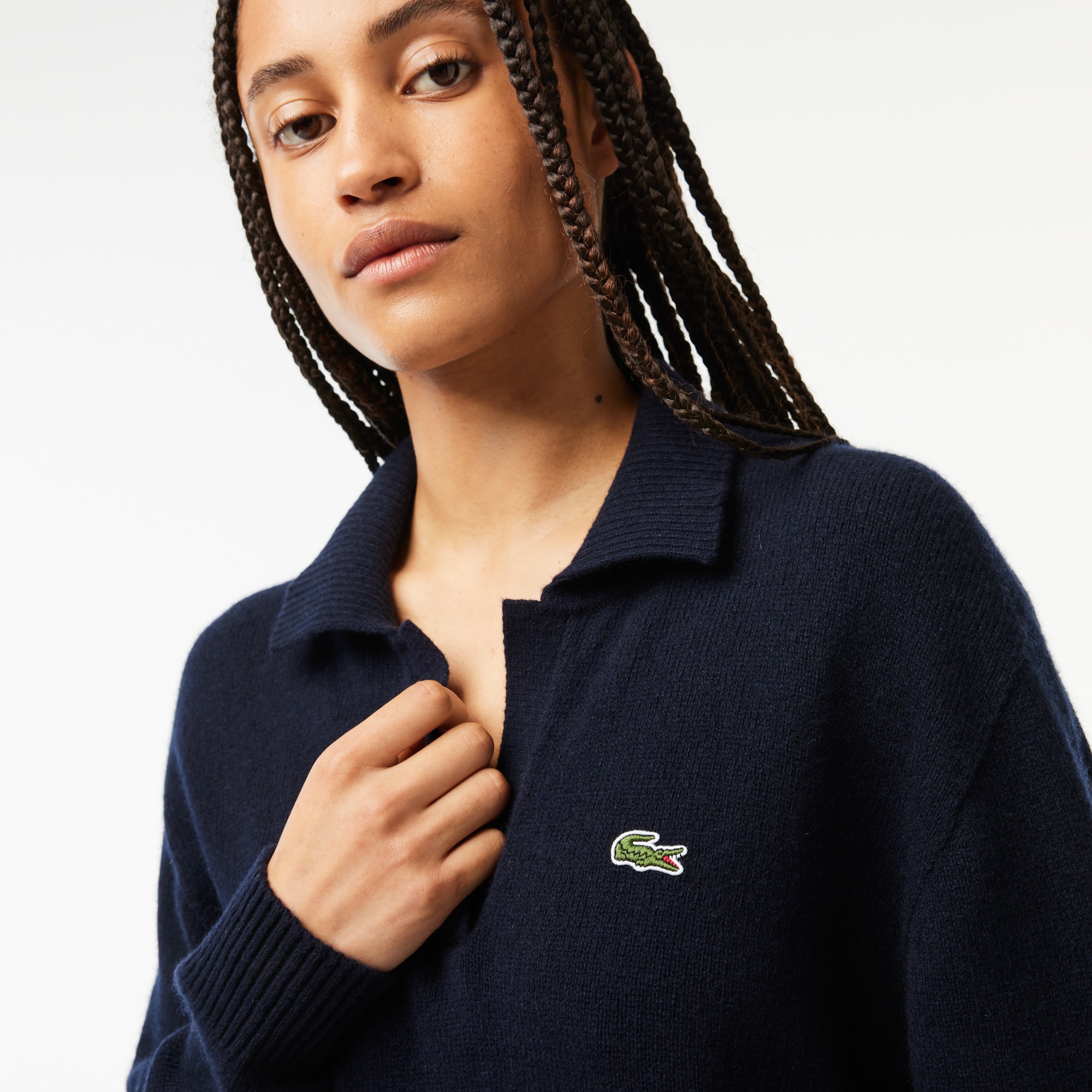 Lacoste Kaşmir Kadın Polo Yaka Kaşmir Lacivert Kazak