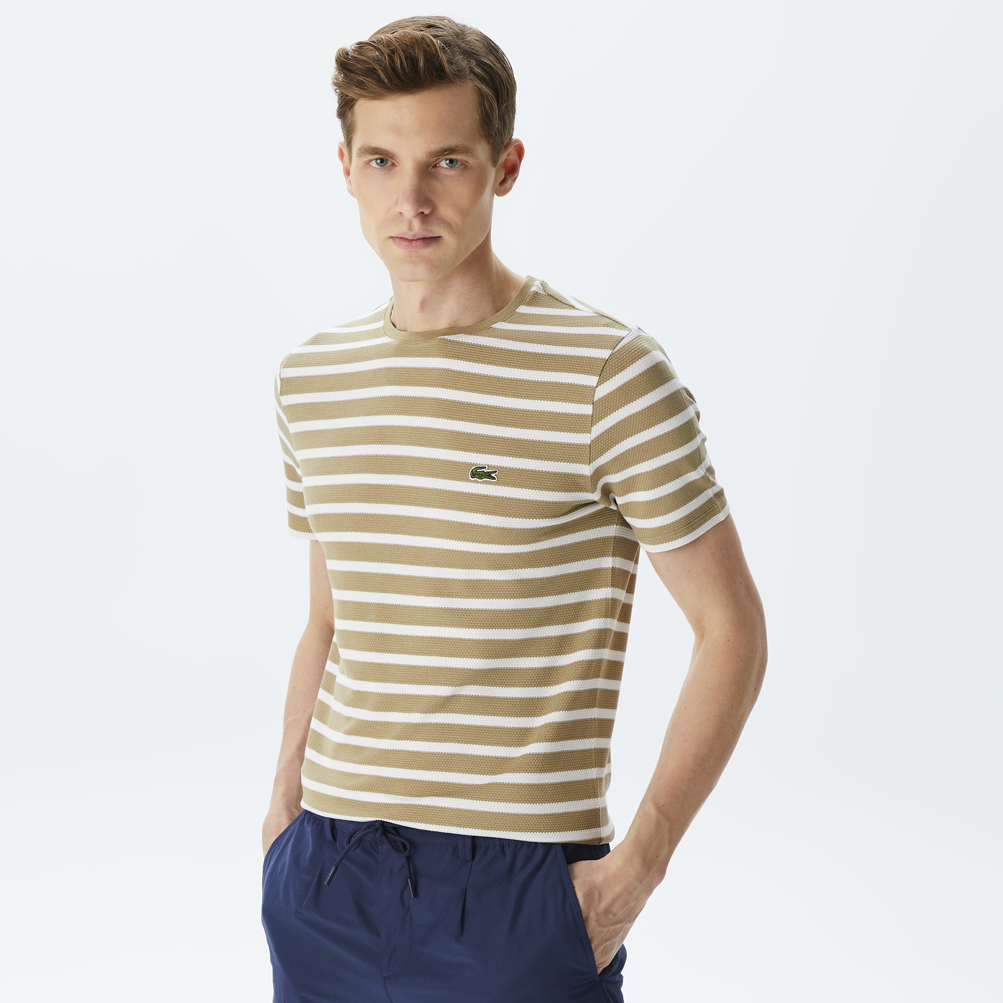 Lacoste Erkek Slim Fit Bisiklet Yaka Çizgili Kahverengi T-Shirt