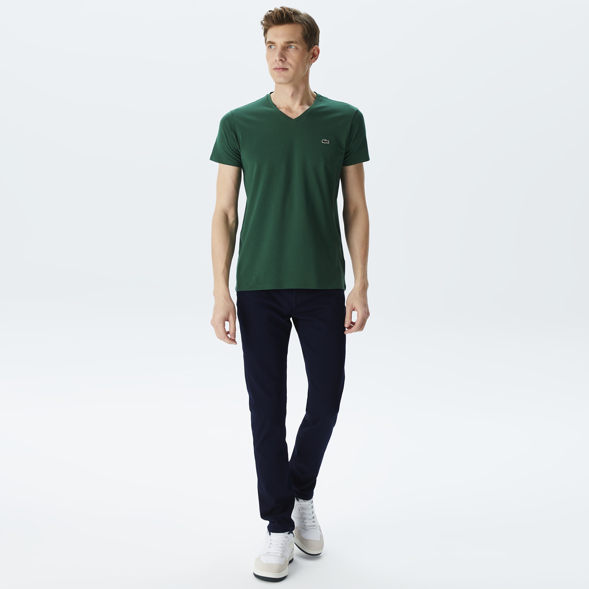 Lacoste Erkek Slim Fit V yaka Yeşil T-Shirt