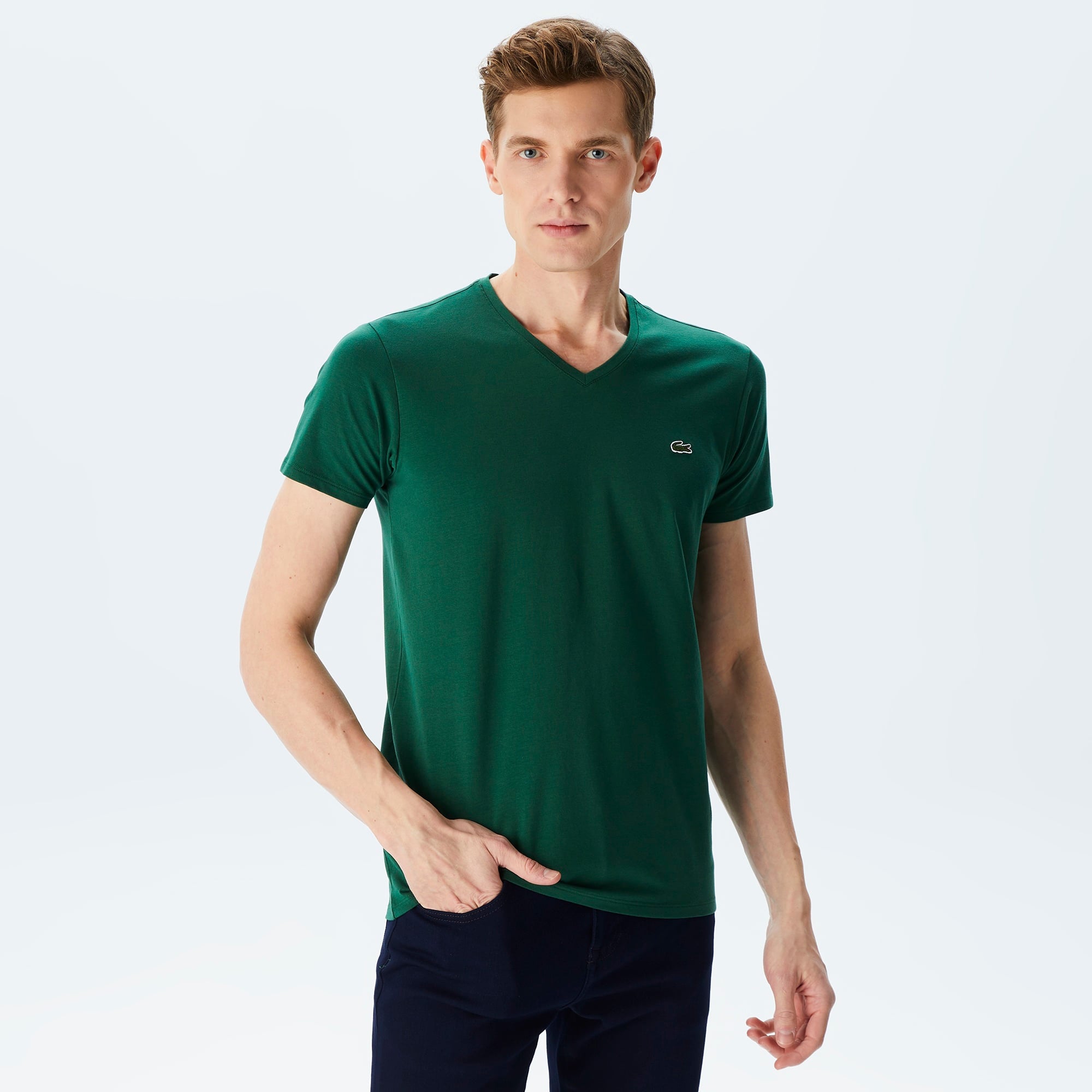 Lacoste Erkek Slim Fit V yaka Yeşil T-Shirt