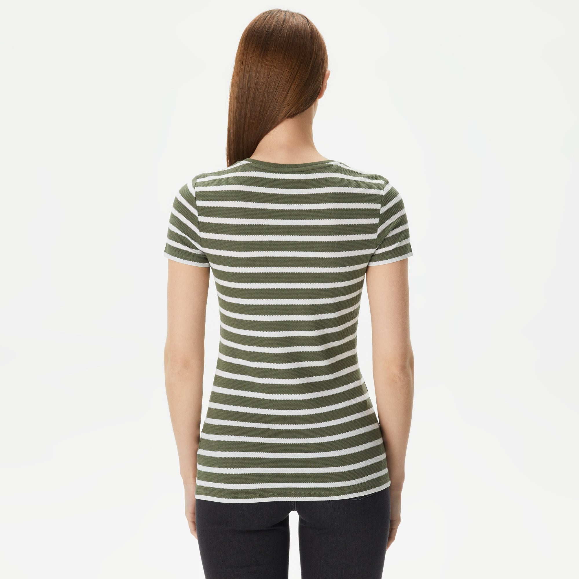 Lacoste Kadın Slim Fit Bisiklet Yaka Çizgili Yeşil T-Shirt