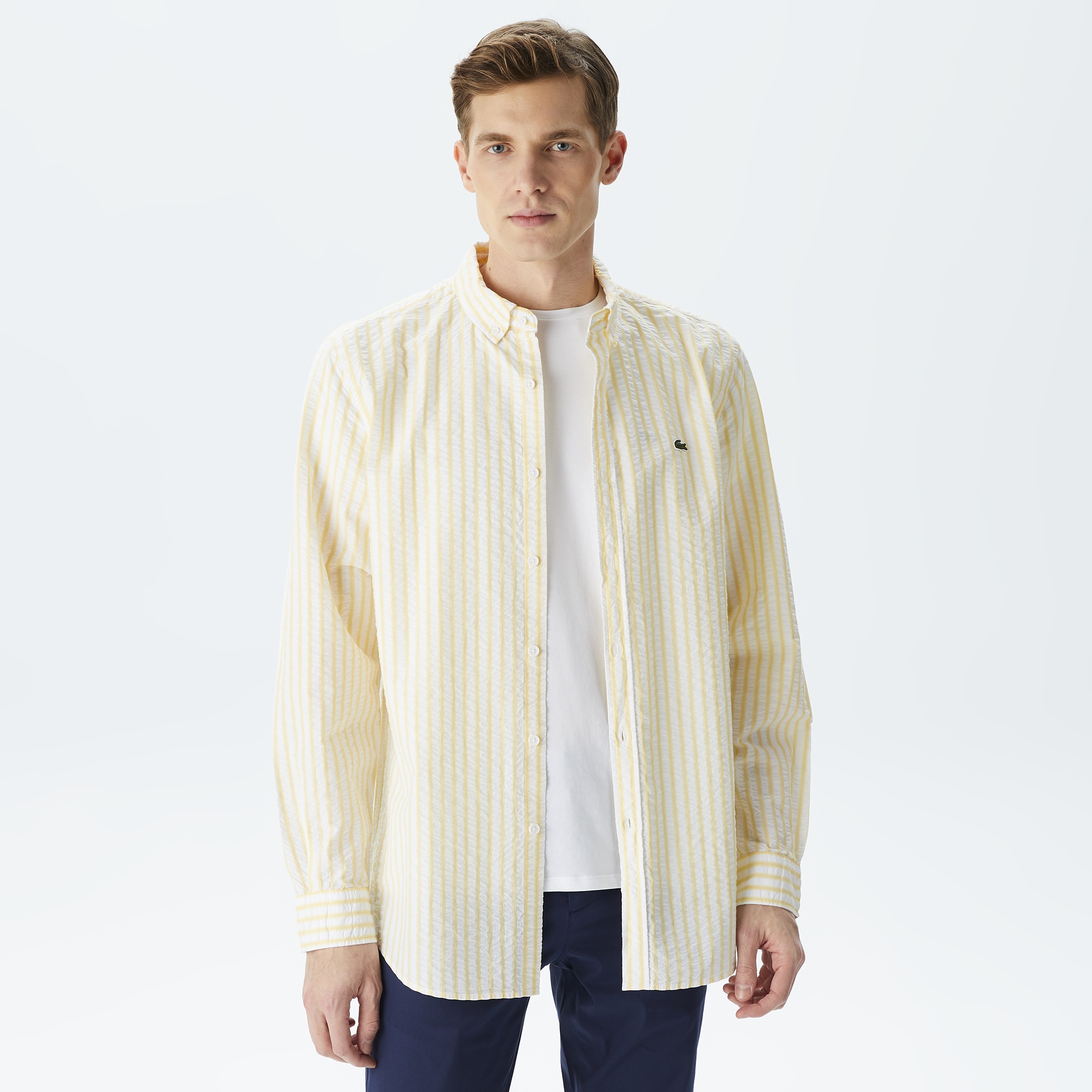 Lacoste Erkek Regular Fit Organik Pamuk Sarı Çizgili Gömlek