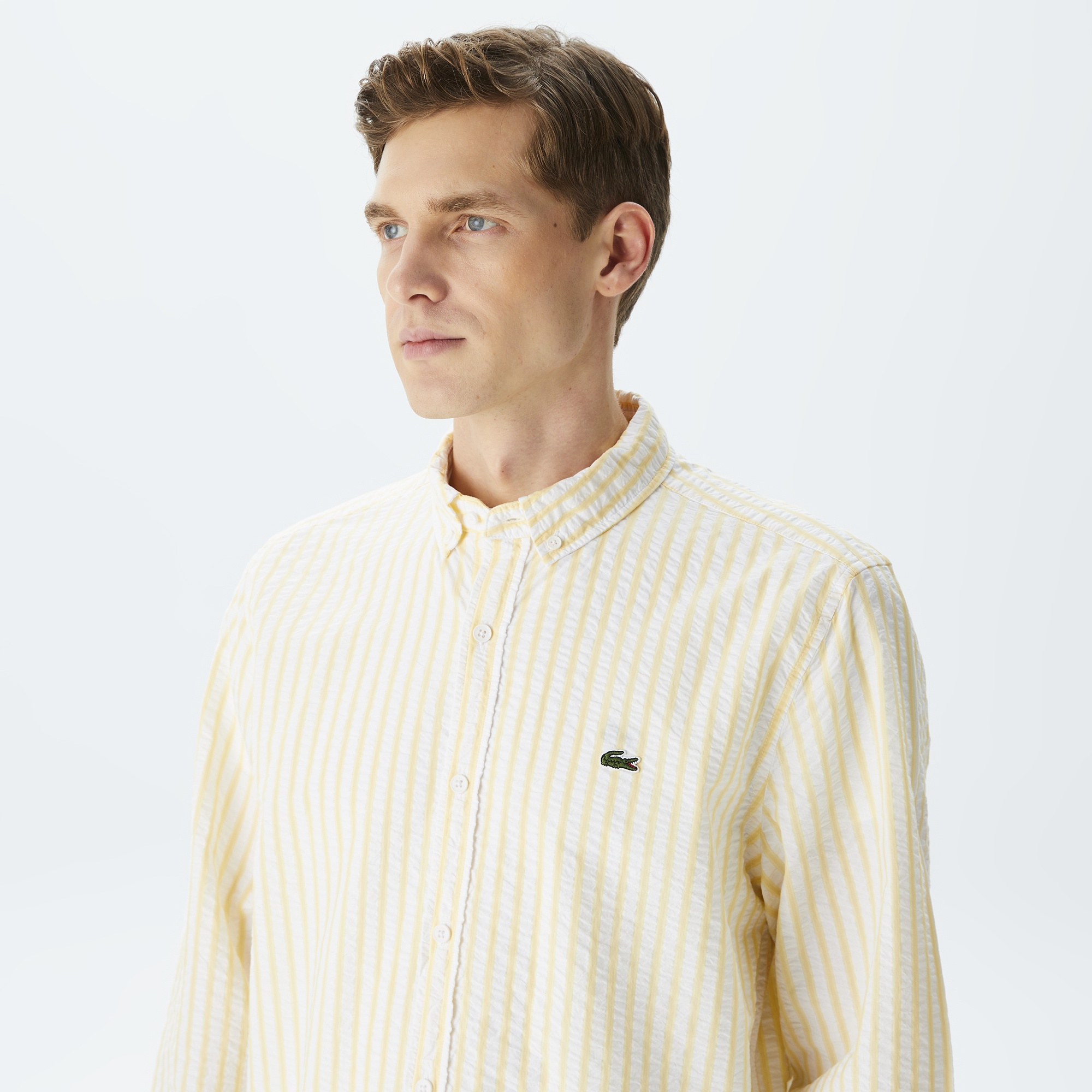 Lacoste Erkek Regular Fit Organik Pamuk Sarı Çizgili Gömlek