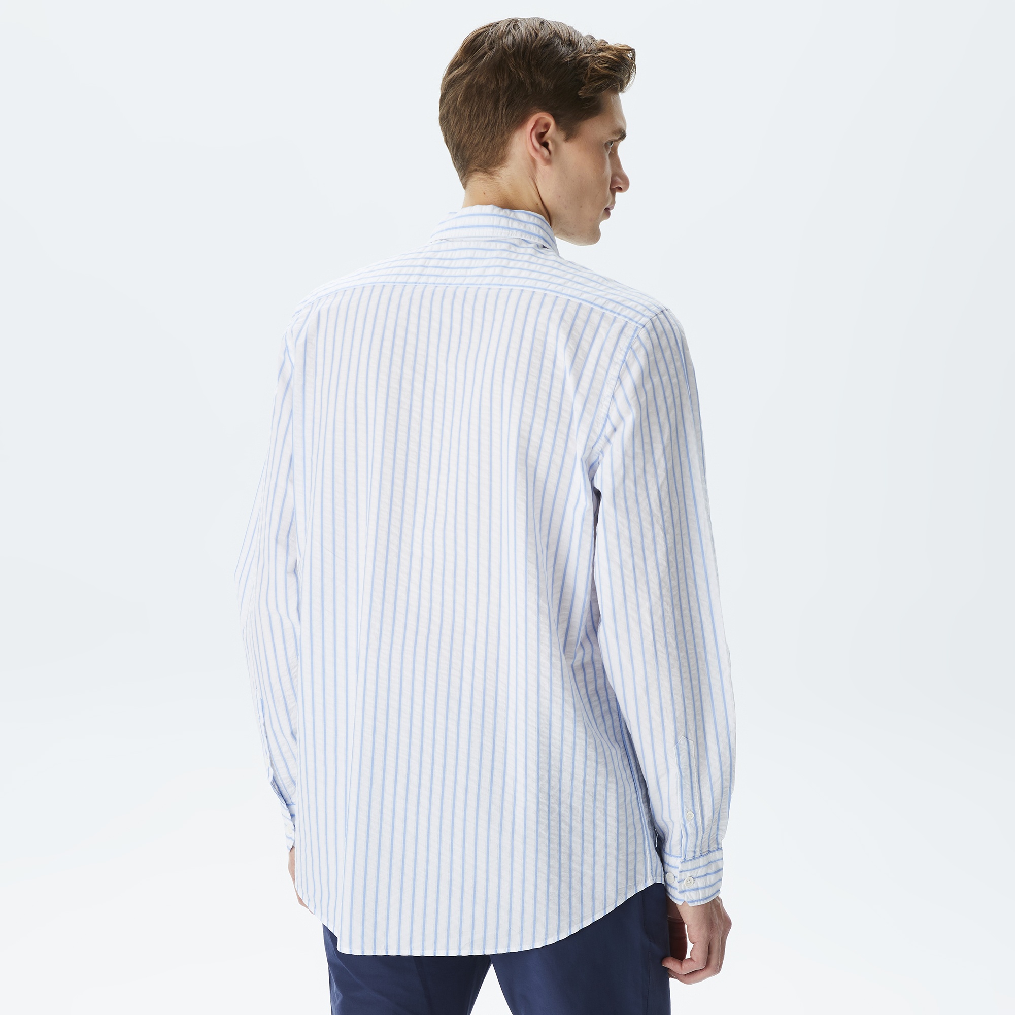 Lacoste Erkek Regular Fit Organik Pamuk Mavi Çizgili Gömlek