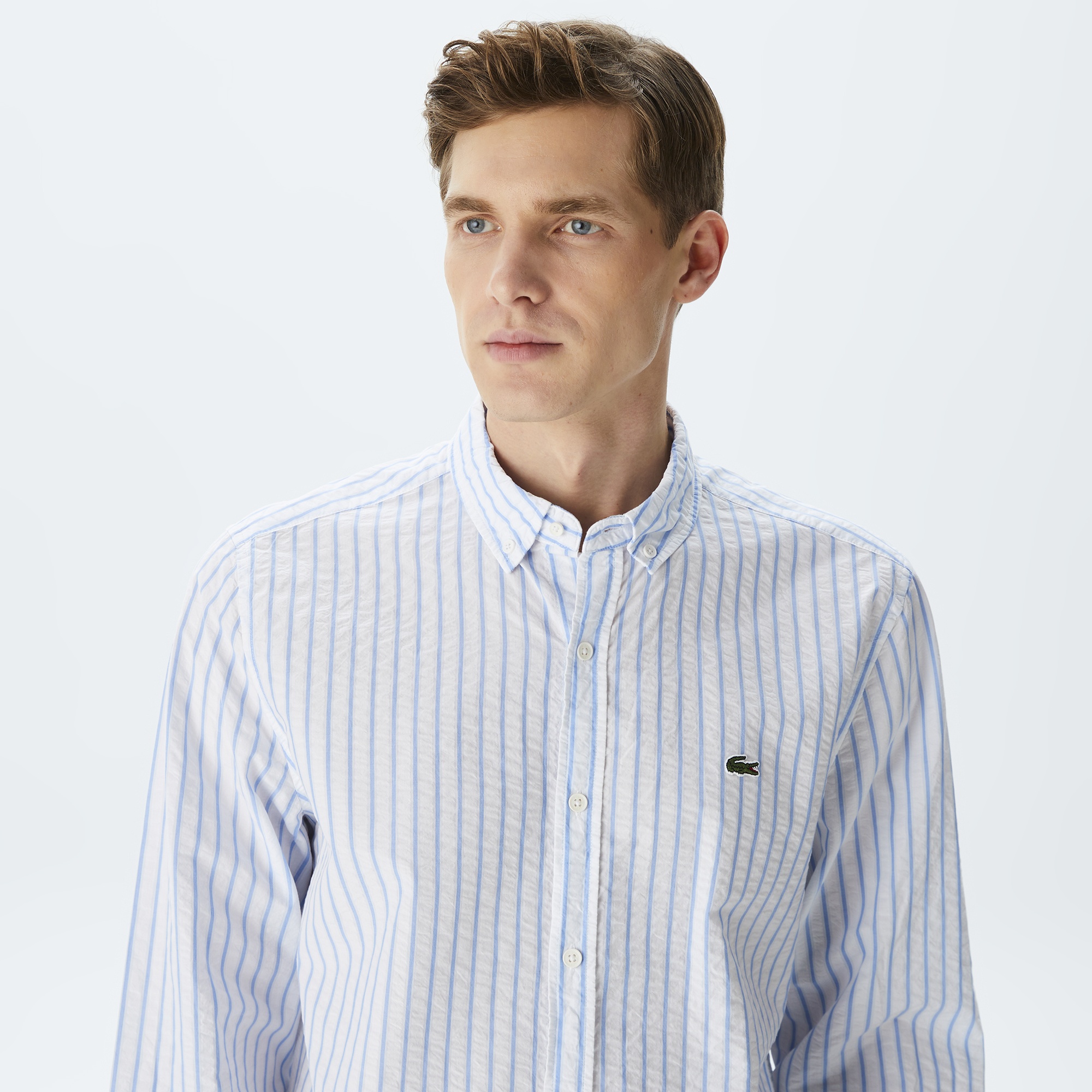 Lacoste Erkek Regular Fit Organik Pamuk Mavi Çizgili Gömlek