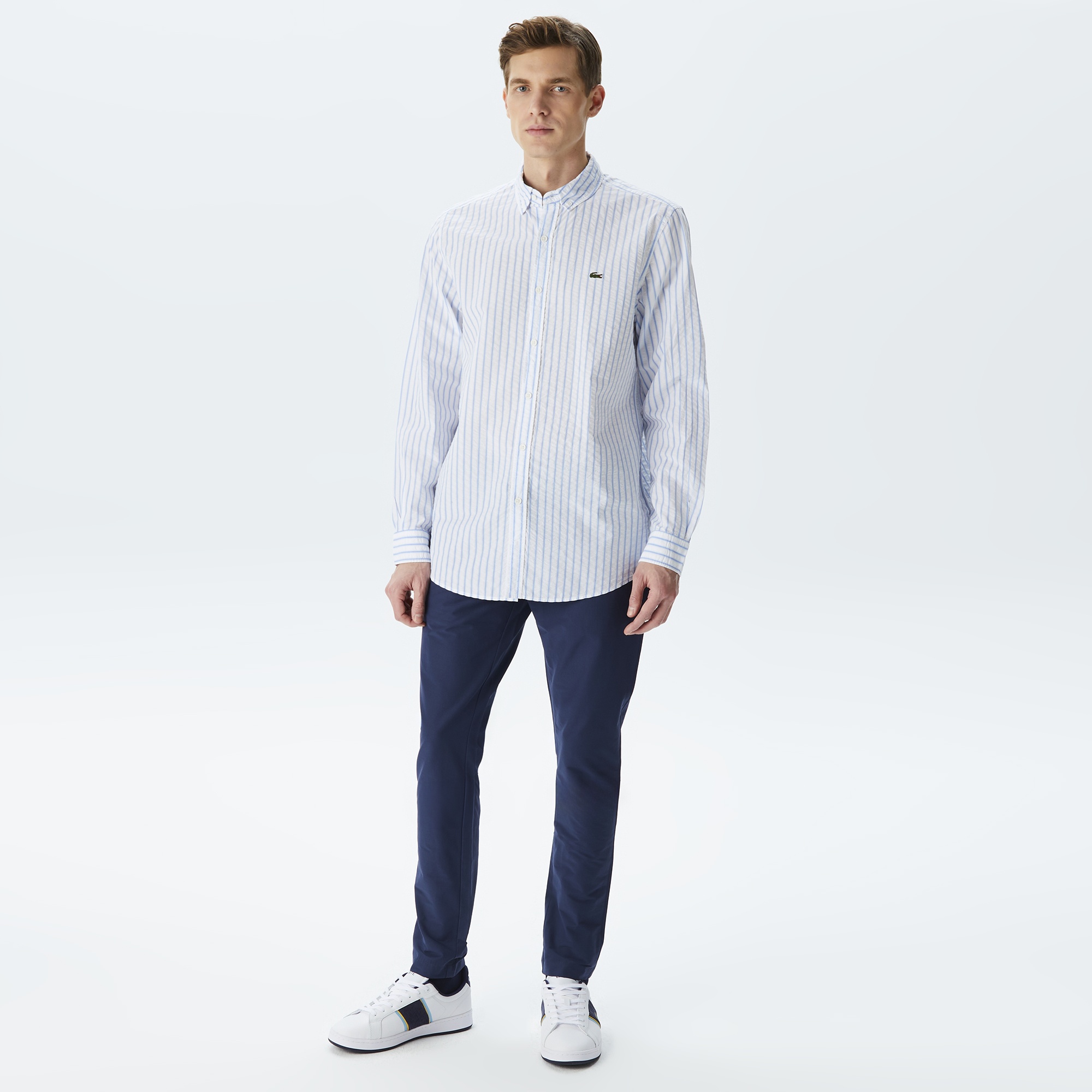 Lacoste Erkek Regular Fit Organik Pamuk Mavi Çizgili Gömlek