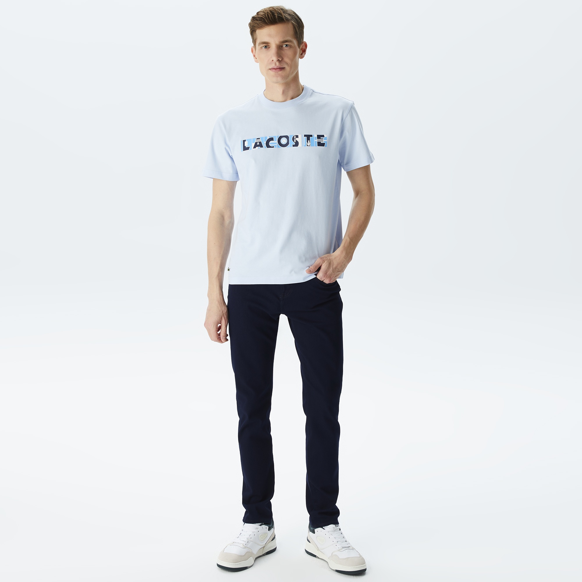 Lacoste Erkek Relaxed Fit Bisiklet Yaka Baskılı Mavi T-Shirt