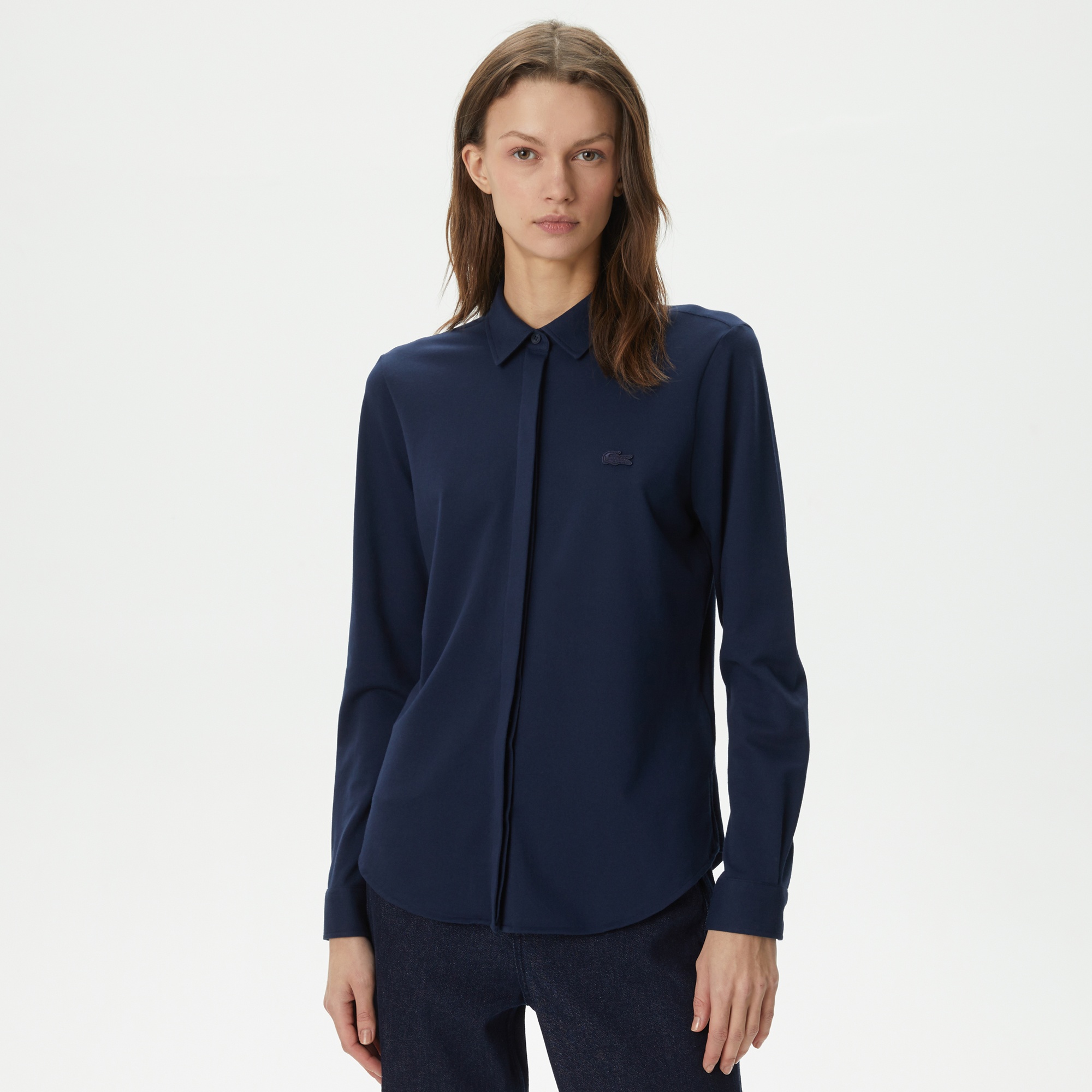 Lacoste Kadın Slim Fit Organik Pamuk Lacivert Gömlek
