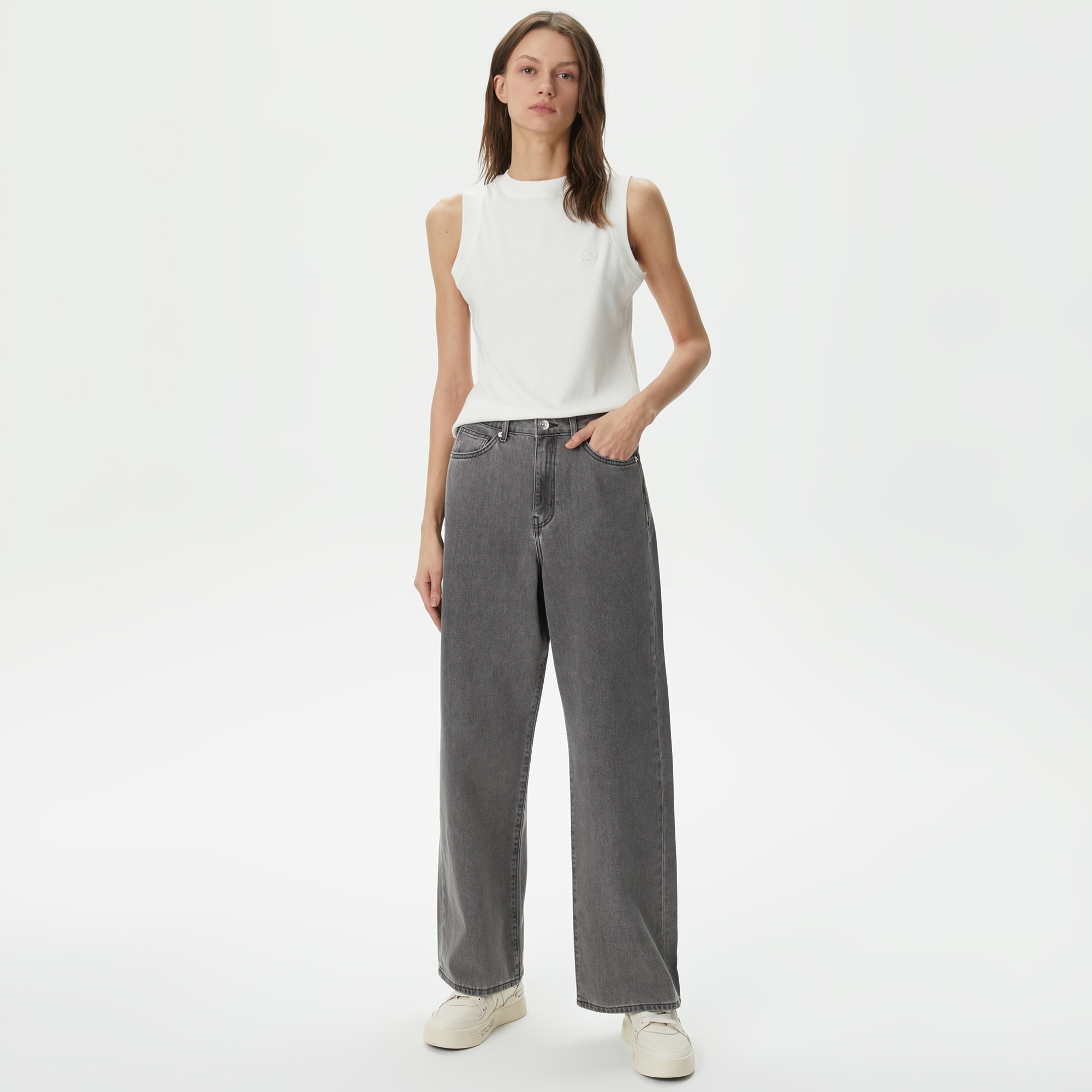 Lacoste Kadın Loose Fit Gri Jean Pantolon