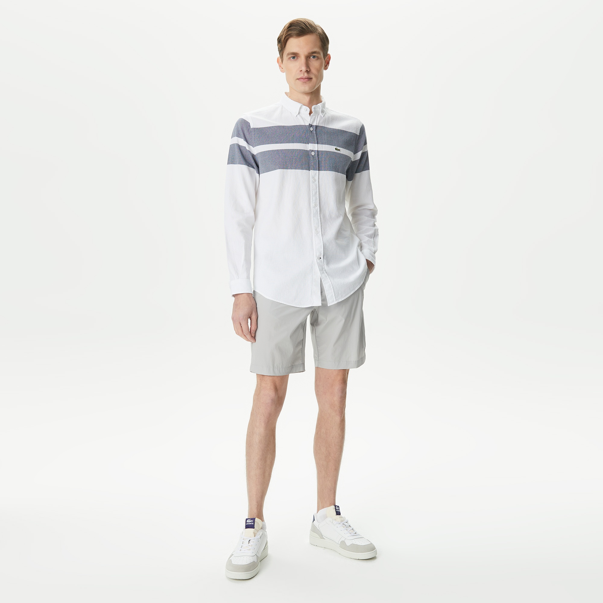 Lacoste Erkek Slim Fit Renk Bloklu Beyaz Gömlek