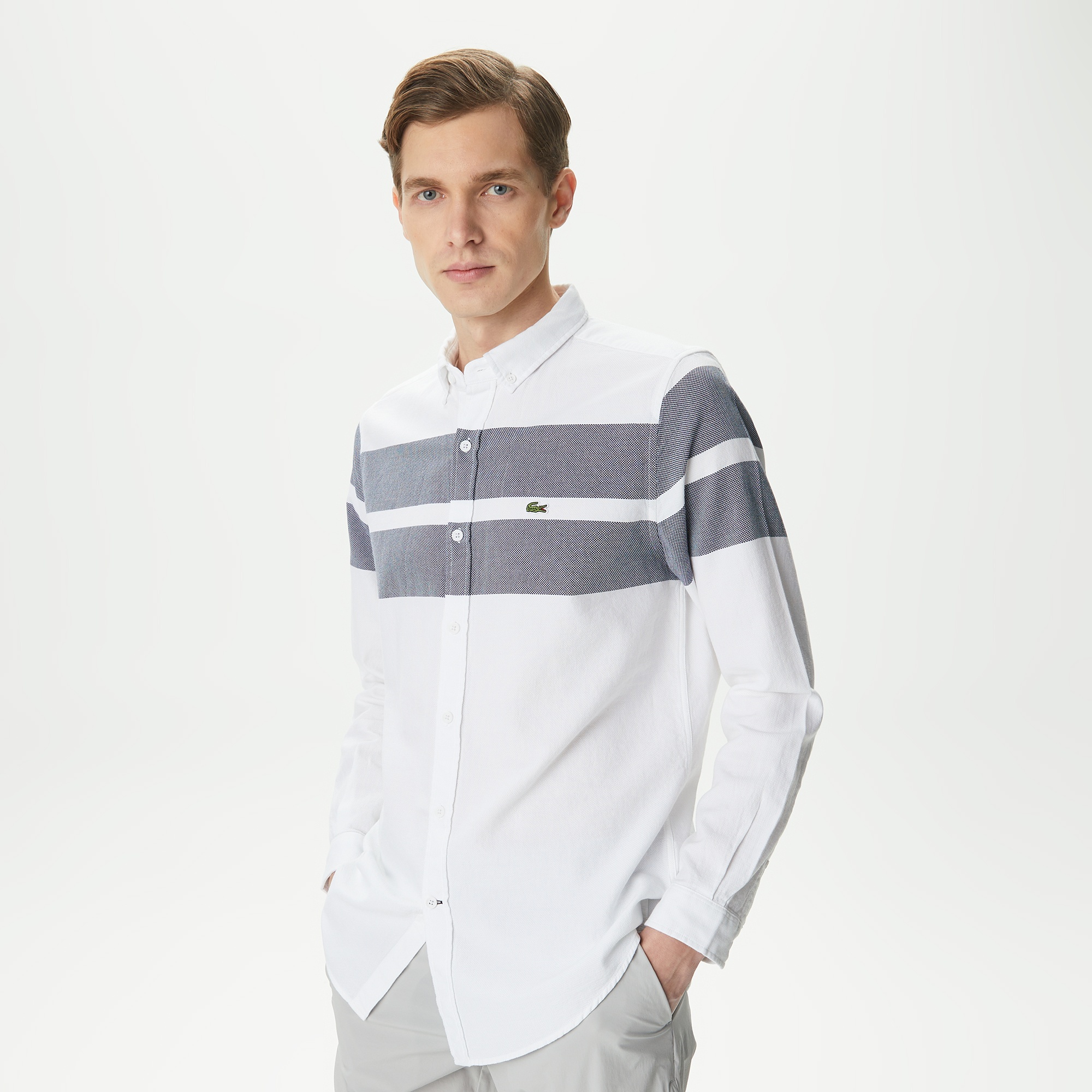 Lacoste Erkek Slim Fit Renk Bloklu Beyaz Gömlek