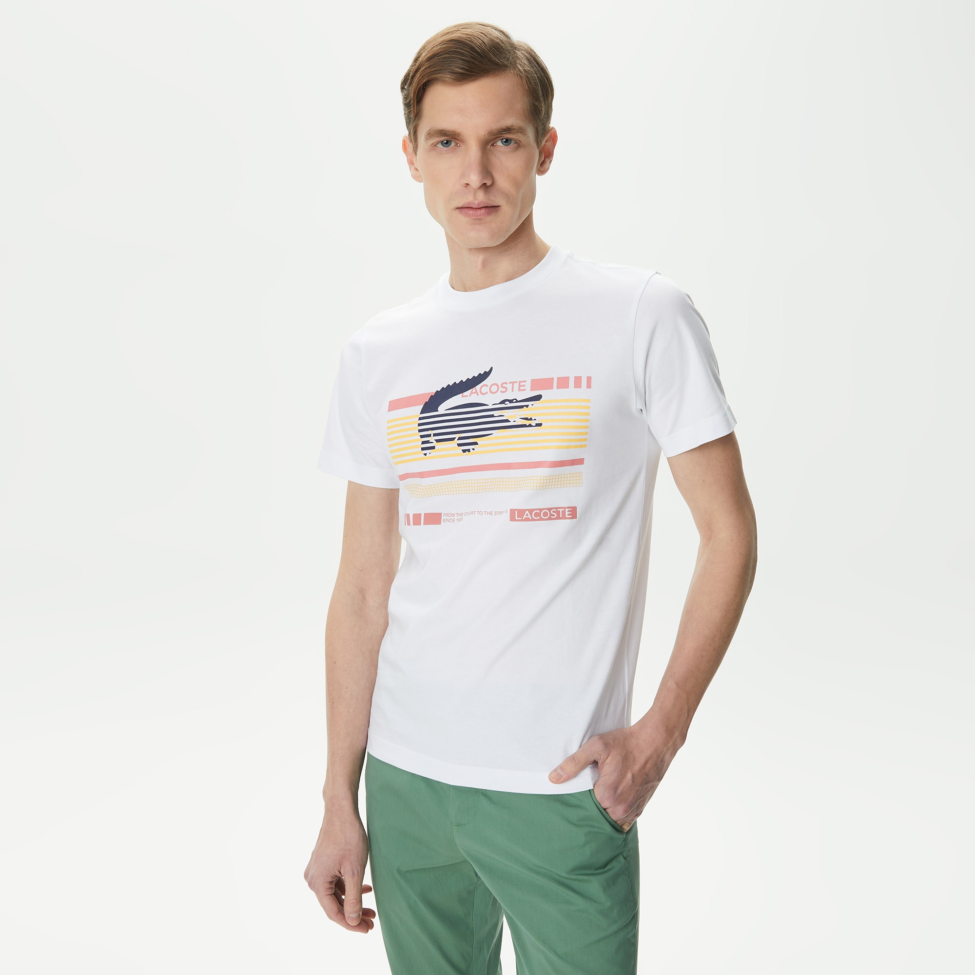 Lacoste Erkek Slim Fit Bisiklet Yaka Baskılı Beyaz T-Shirt
