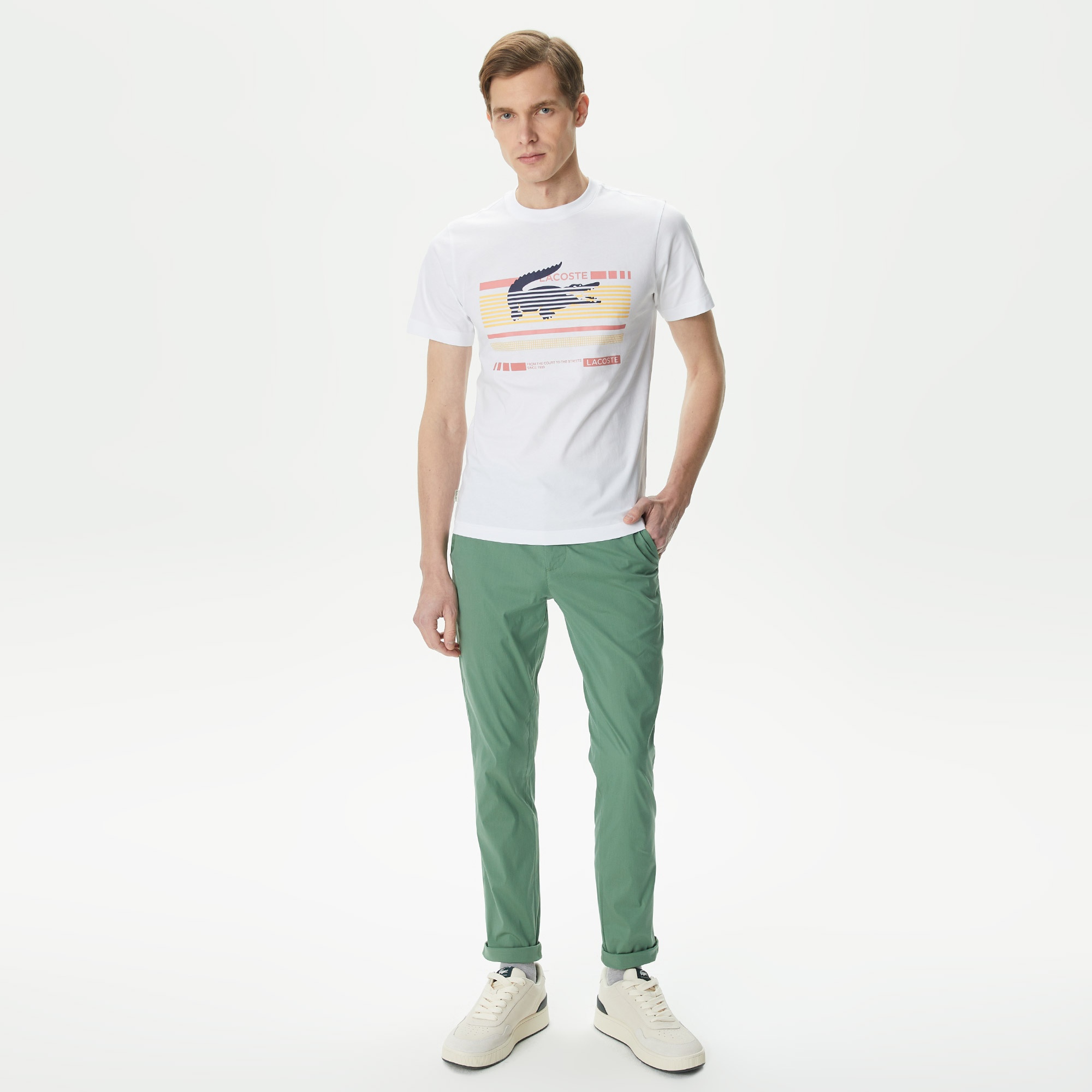 Lacoste Erkek Slim Fit Bisiklet Yaka Baskılı Beyaz T-Shirt