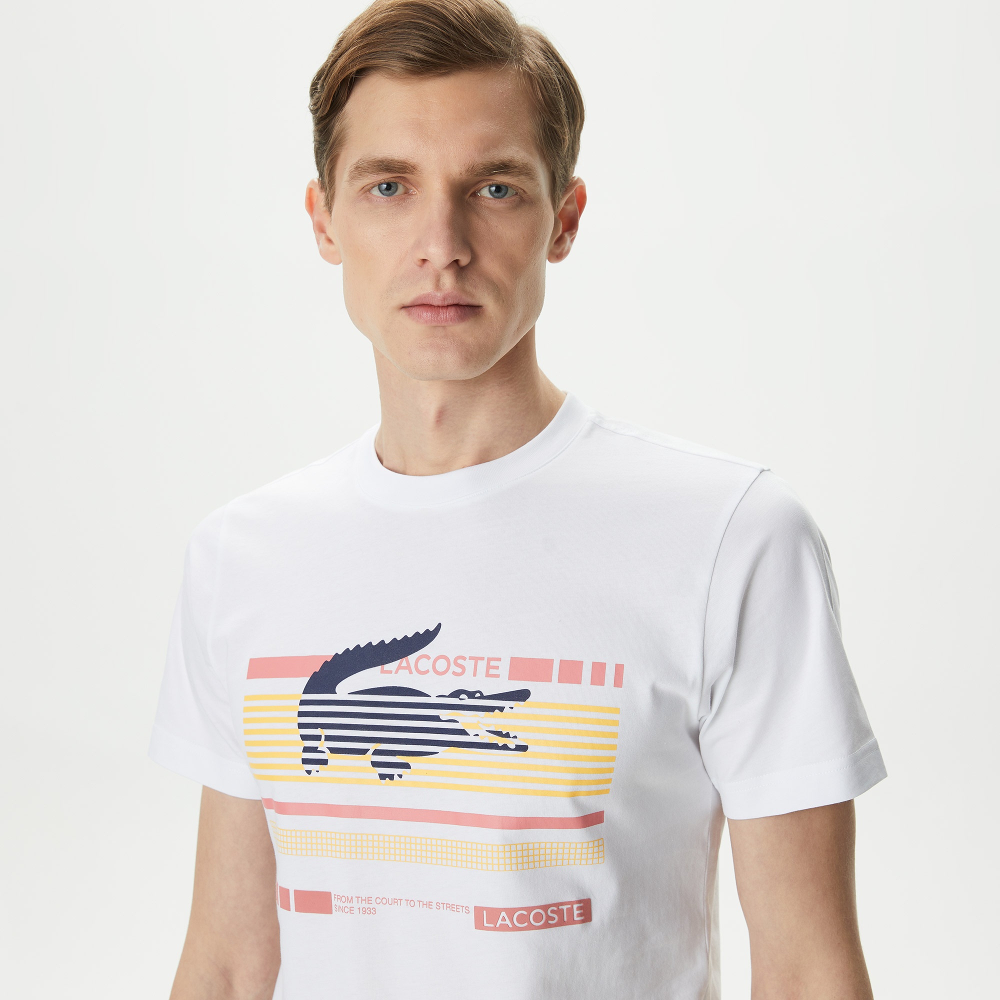 Lacoste Erkek Slim Fit Bisiklet Yaka Baskılı Beyaz T-Shirt