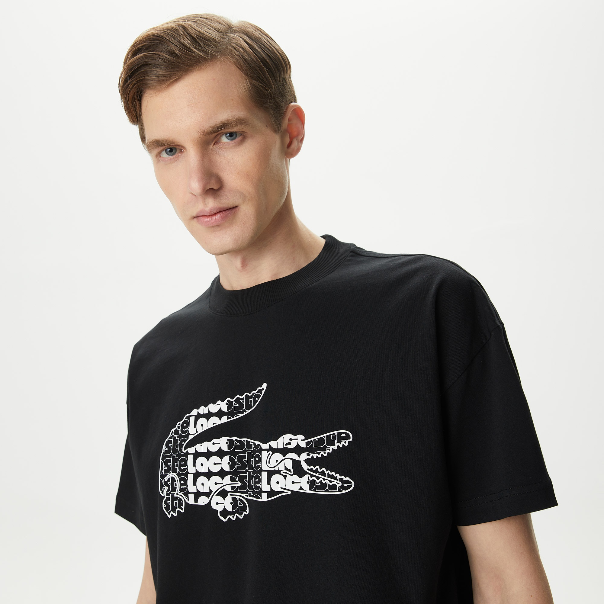 Lacoste Erkek Relaxed Fit Bisiklet Yaka Baskılı Siyah T-Shirt