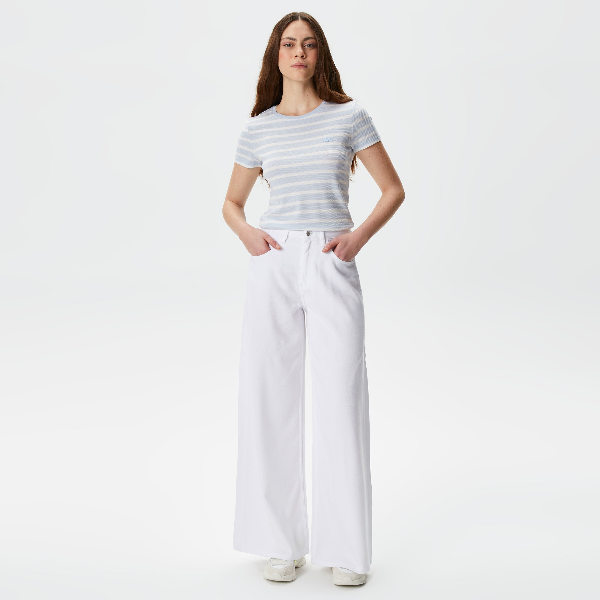 Lacoste Kadın Slim Fit Bisiklet Yaka Çizgili Mavi T-Shirt