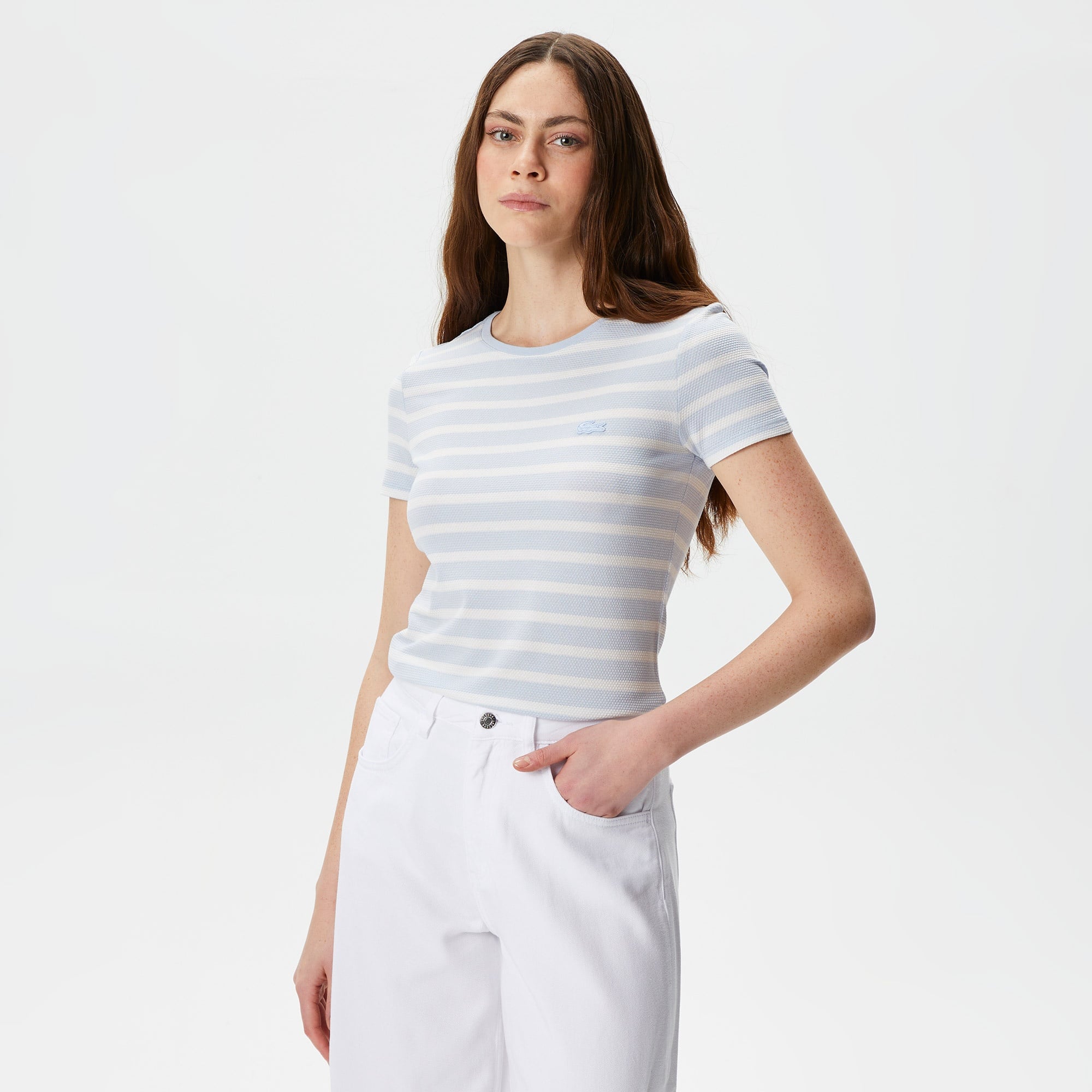 Lacoste Kadın Slim Fit Bisiklet Yaka Çizgili Mavi T-Shirt