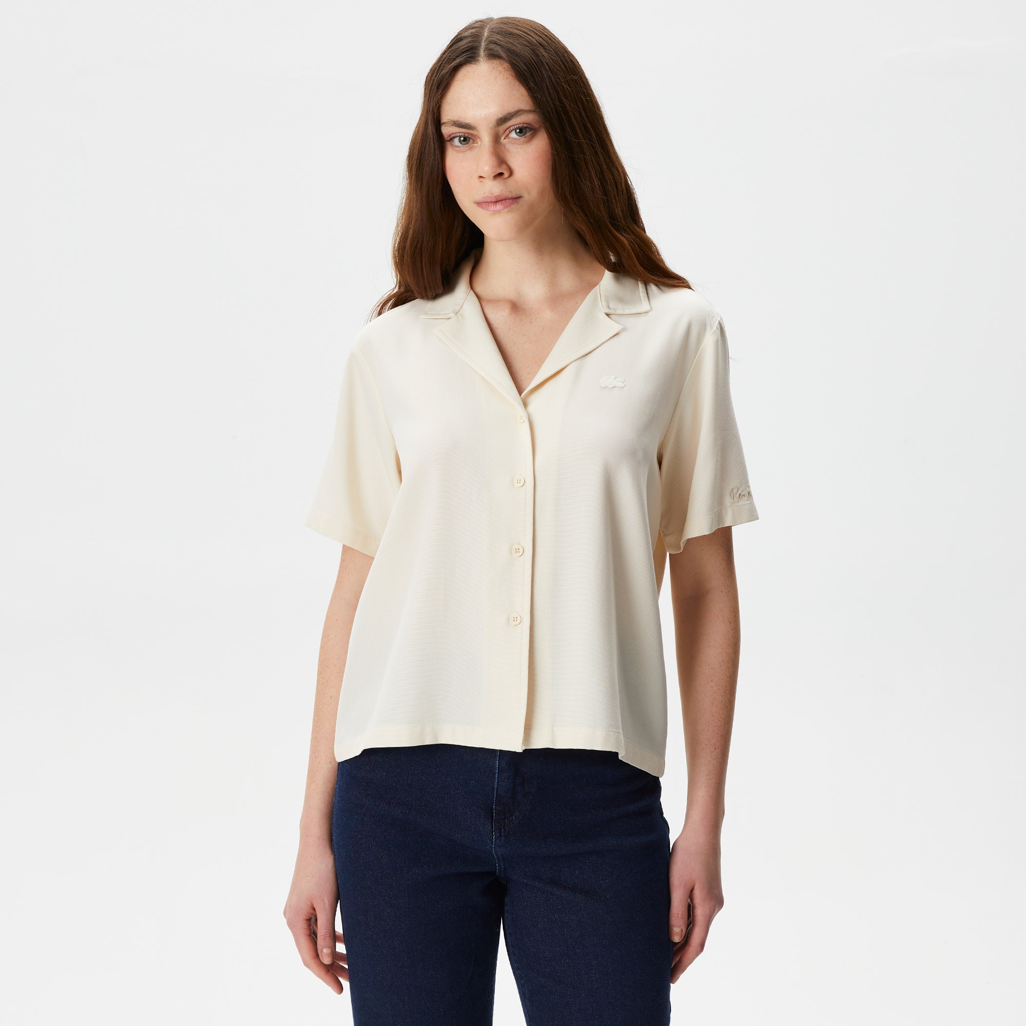 Lacoste Kadın Relaxed Fit Kısa Kollu Beyaz Gömlek