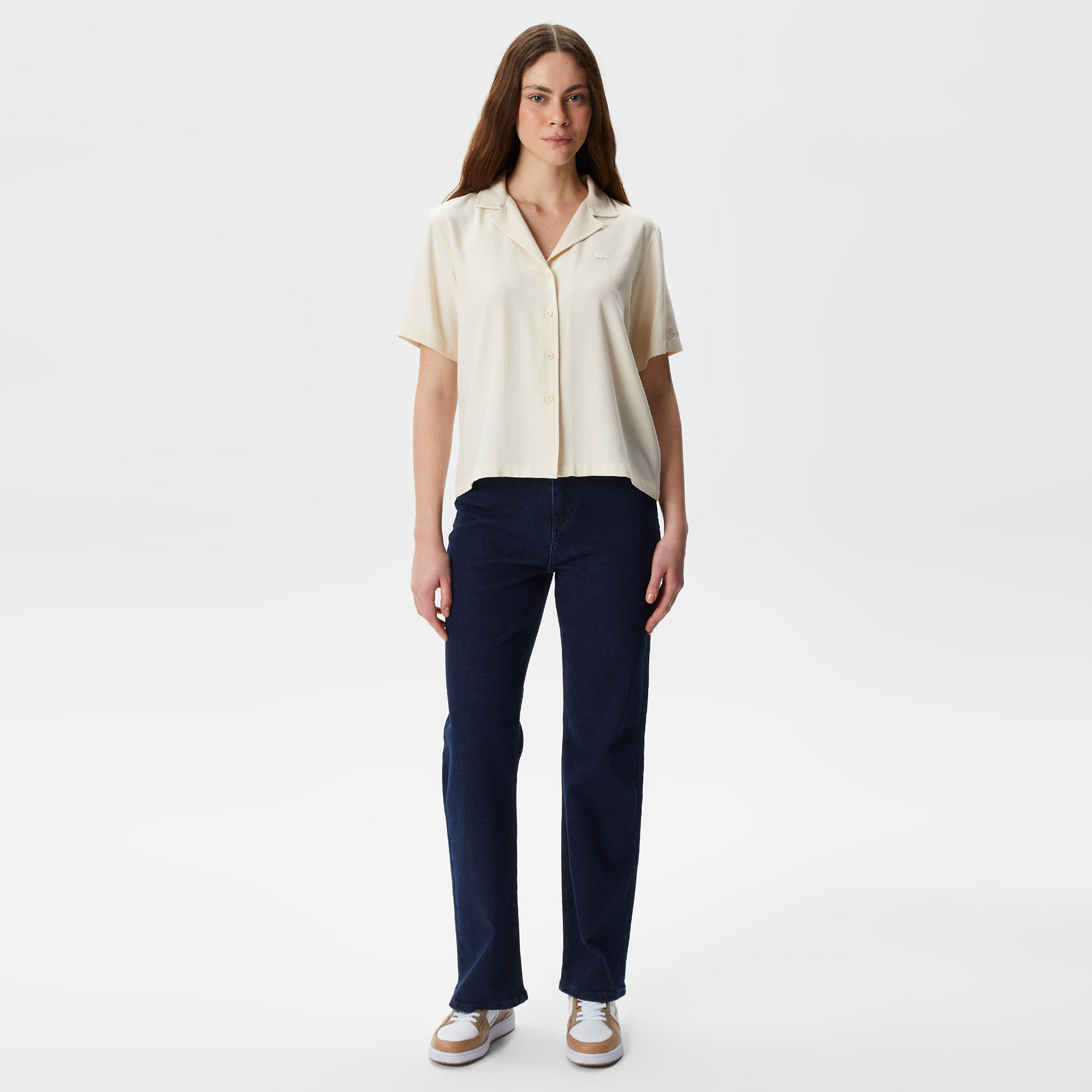 Lacoste Kadın Relaxed Fit Kısa Kollu Beyaz Gömlek