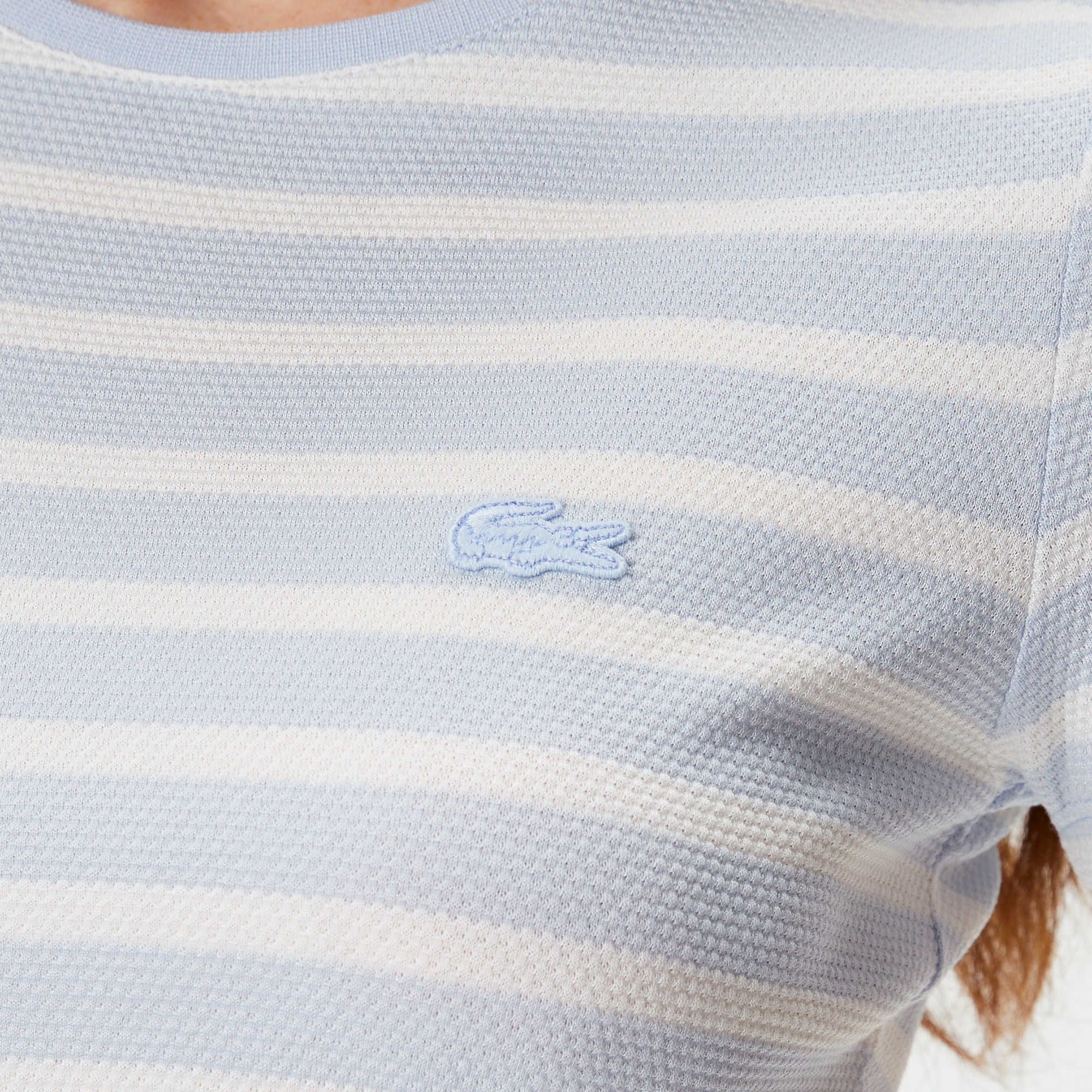 Lacoste Kadın Slim Fit Bisiklet Yaka Çizgili Mavi T-Shirt