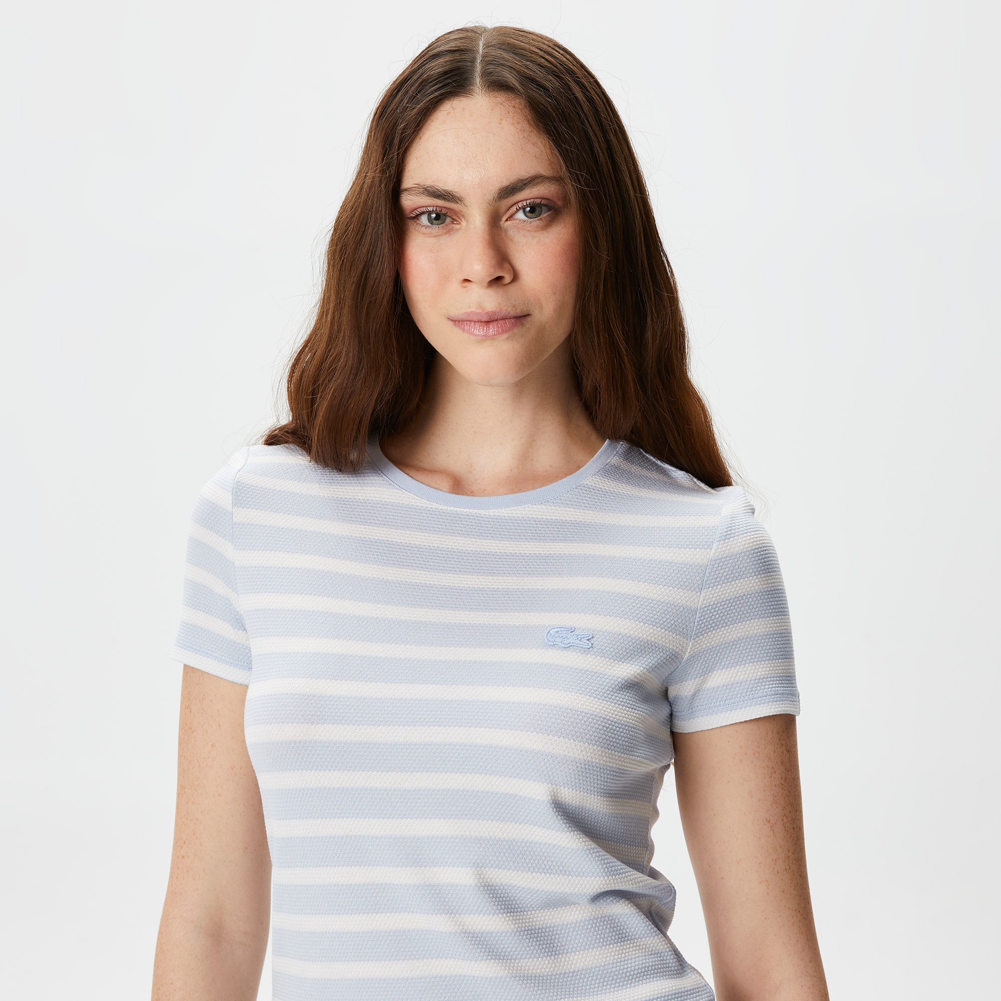 Lacoste Kadın Slim Fit Bisiklet Yaka Çizgili Mavi T-Shirt