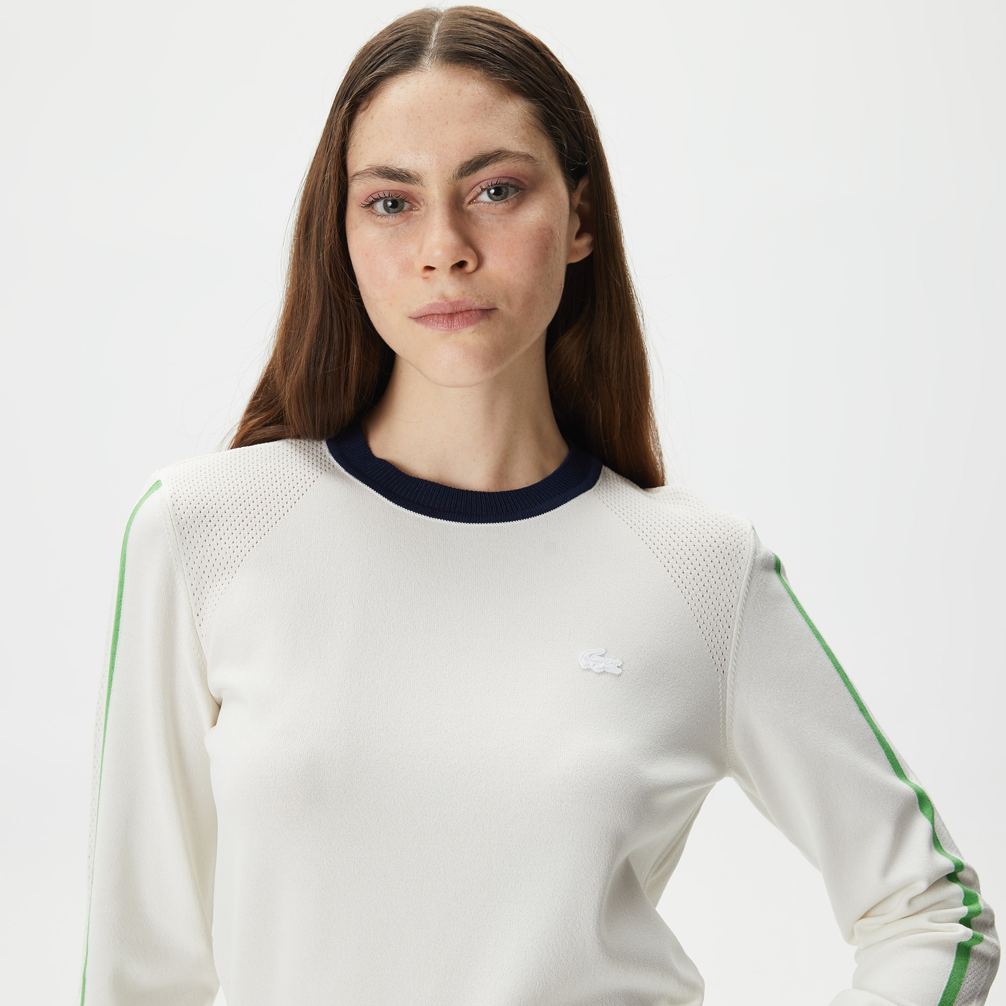 Lacoste Kadın Regular Fit Bisiklet Yaka Renk Bloklu Beyaz Triko