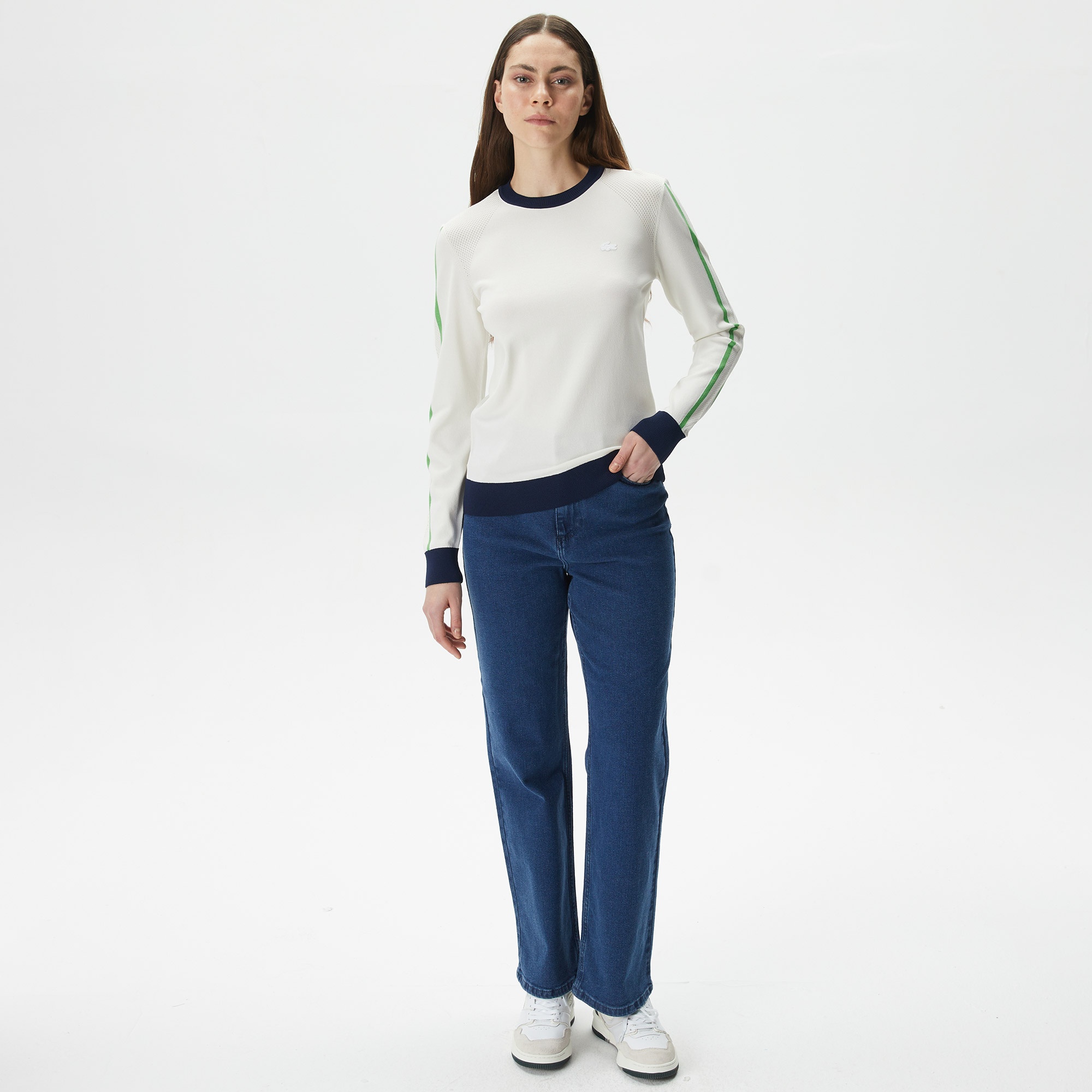 Lacoste Kadın Regular Fit Bisiklet Yaka Renk Bloklu Beyaz Triko
