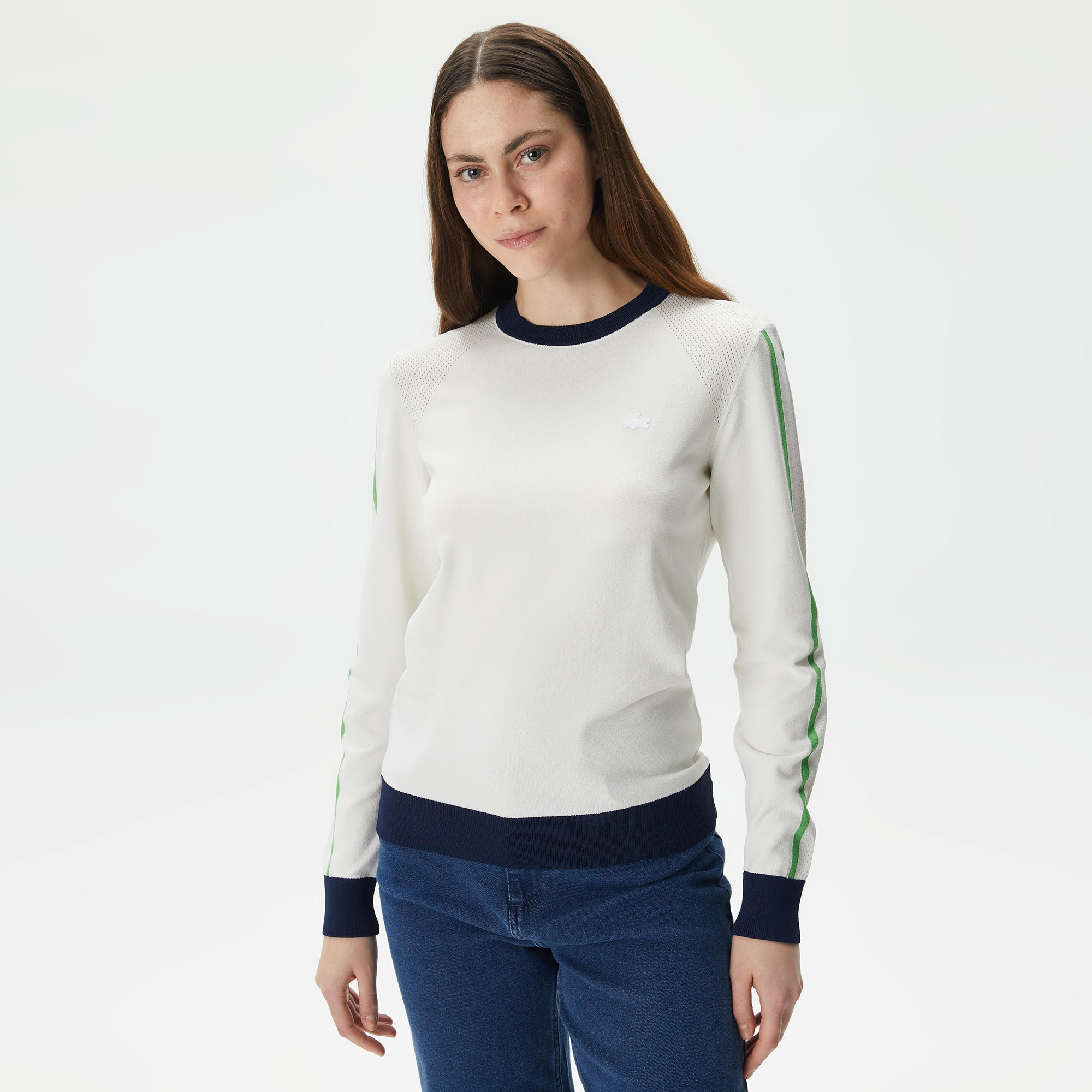 Lacoste Kadın Regular Fit Bisiklet Yaka Renk Bloklu Beyaz Triko
