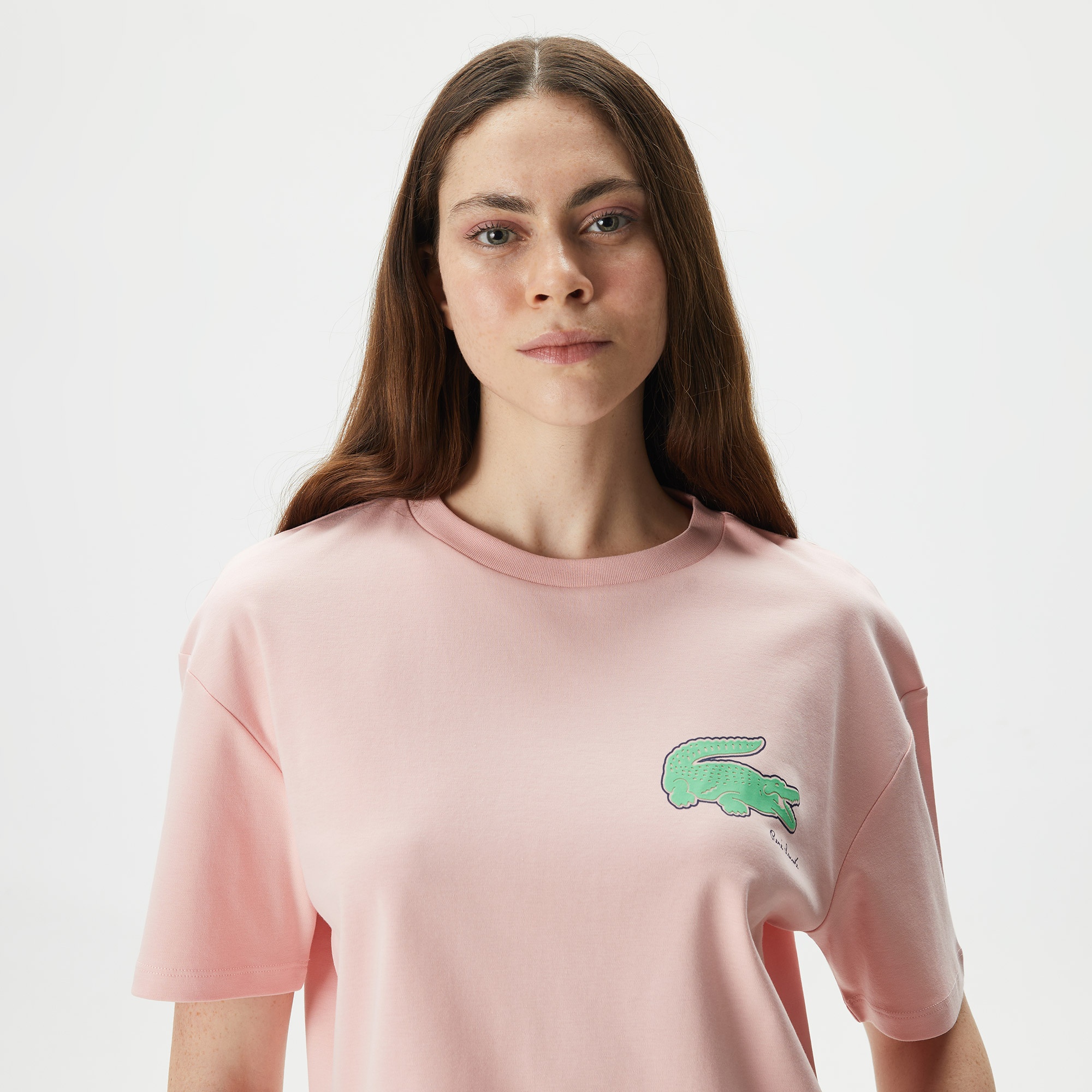 Lacoste Kadın Loose Fit Bisiklet Yaka Baskılı Organik Pamuk Pembe T-Shirt