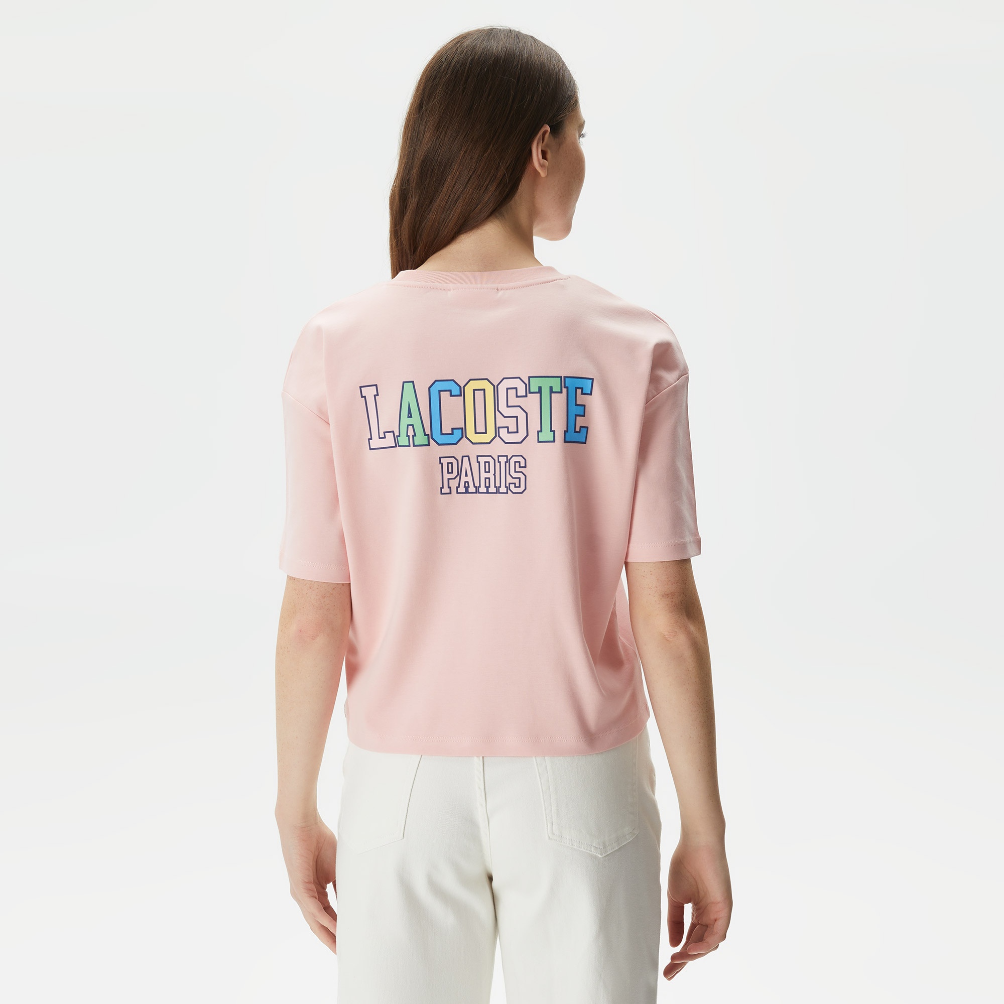 Lacoste Kadın Loose Fit Bisiklet Yaka Baskılı Organik Pamuk Pembe T-Shirt