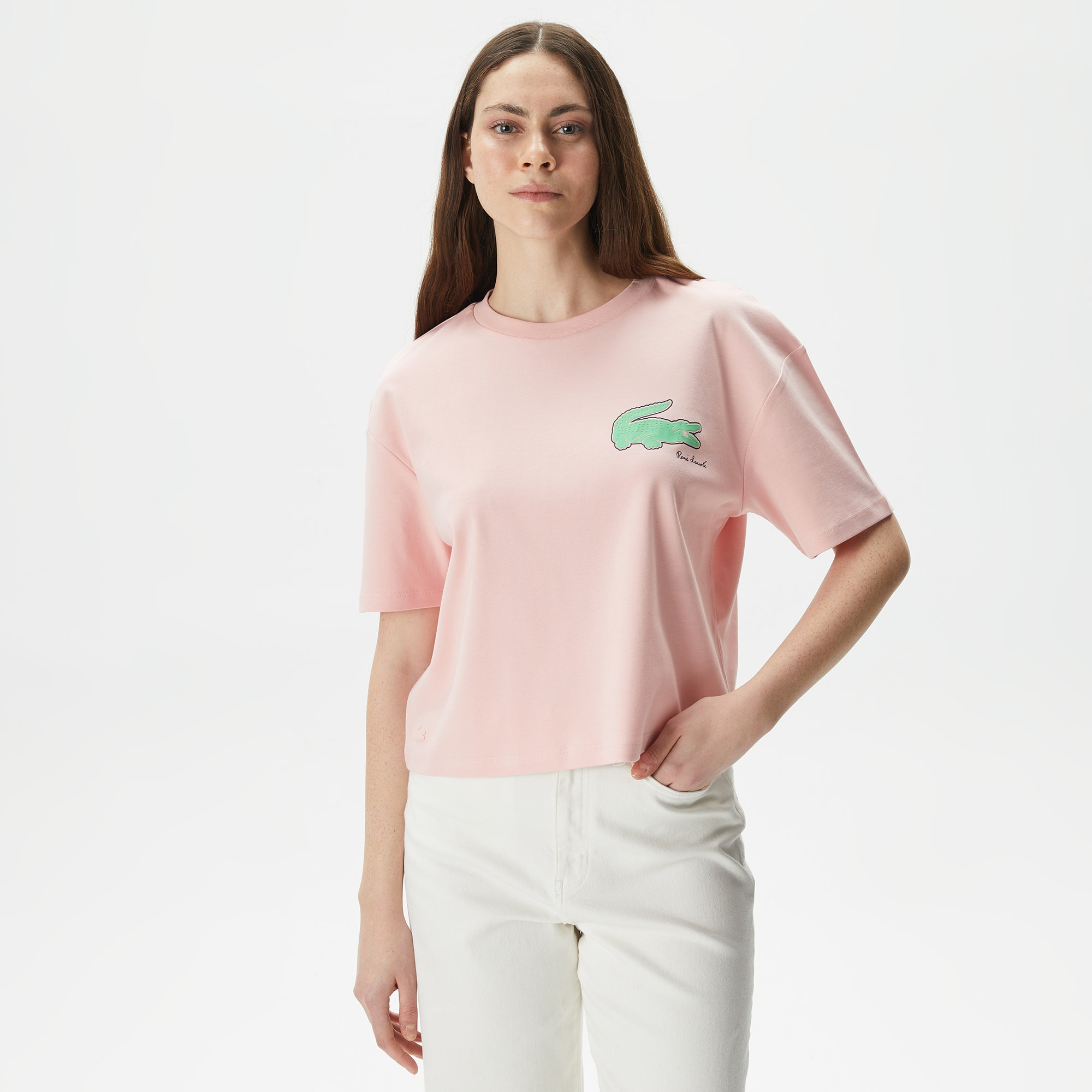 Lacoste Kadın Loose Fit Bisiklet Yaka Baskılı Organik Pamuk Pembe T-Shirt