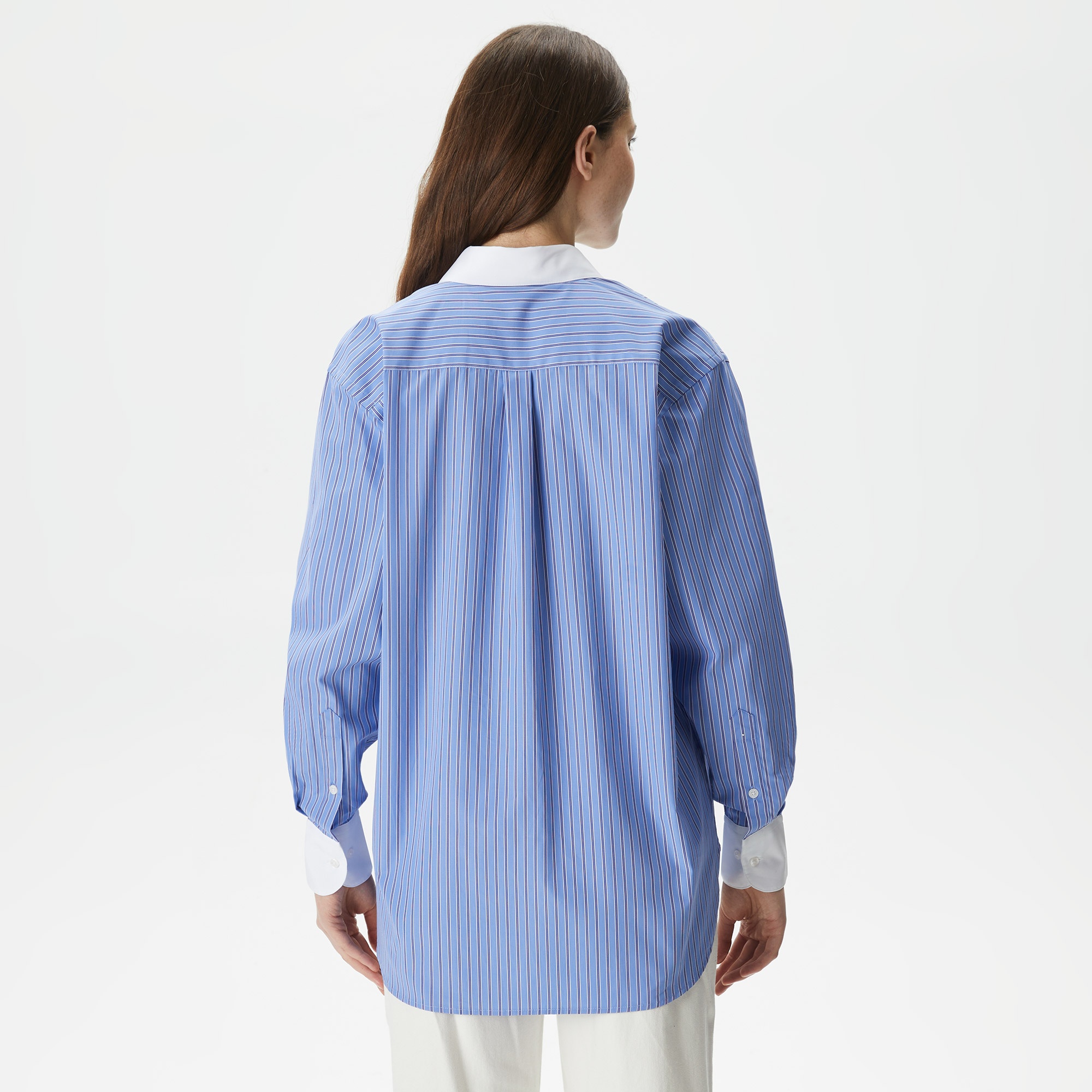 Lacoste Kadın Regular Fit Çizgili Mavi Gömlek