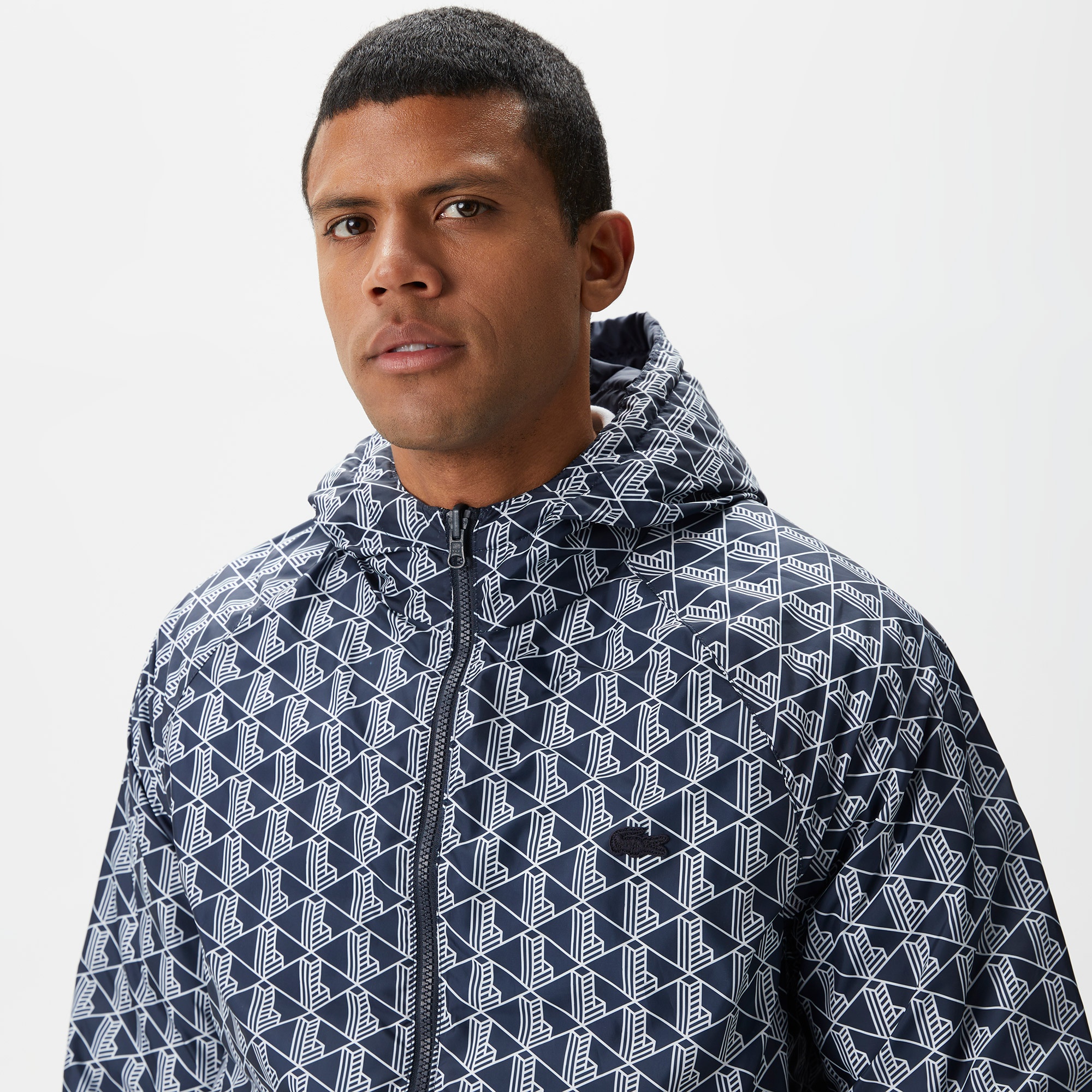 Lacoste Erkek Kapüşonlu Monogram Çift Taraflı Lacivert Bomber Ceket