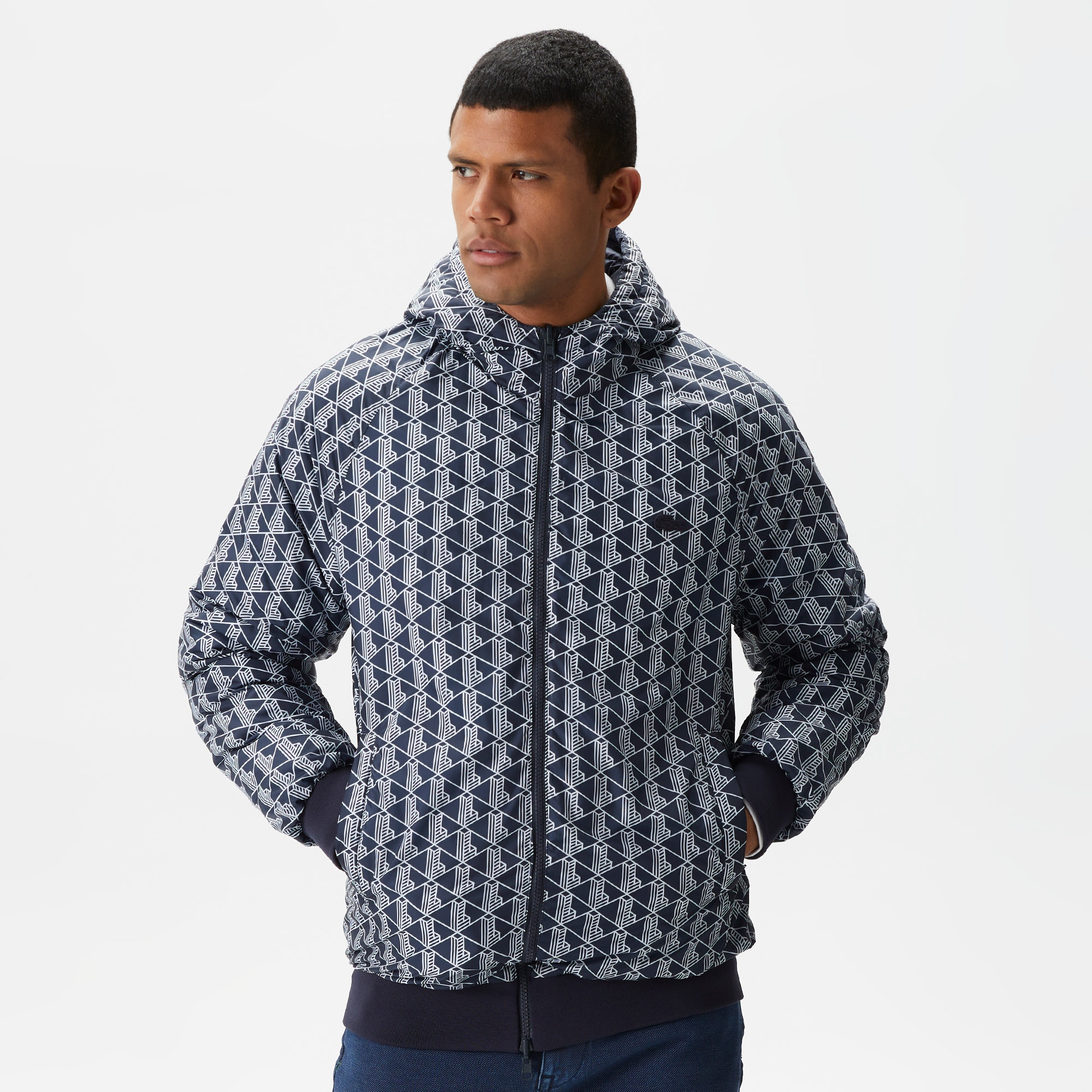Lacoste Erkek Kapüşonlu Monogram Çift Taraflı Lacivert Bomber Ceket