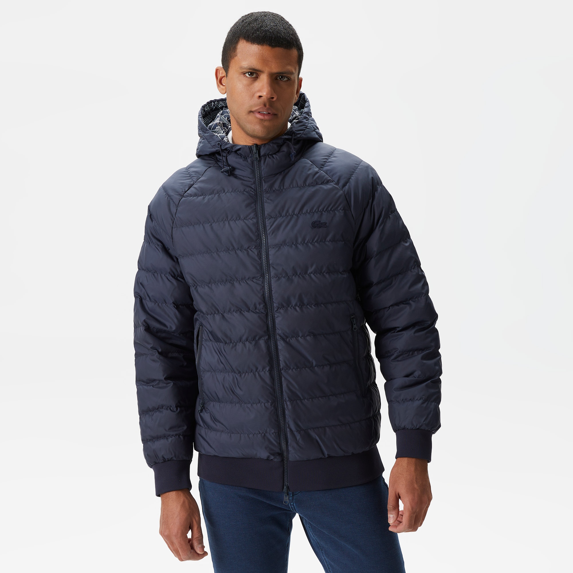 Lacoste Erkek Kapüşonlu Monogram Çift Taraflı Lacivert Bomber Ceket