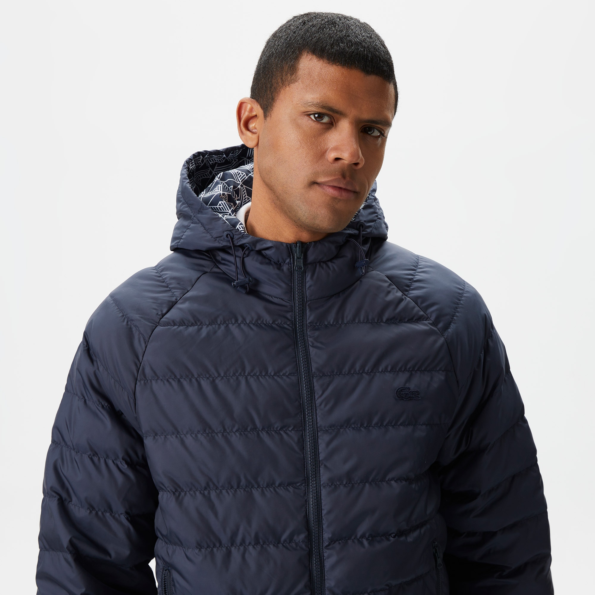 Lacoste Erkek Kapüşonlu Monogram Çift Taraflı Lacivert Bomber Ceket