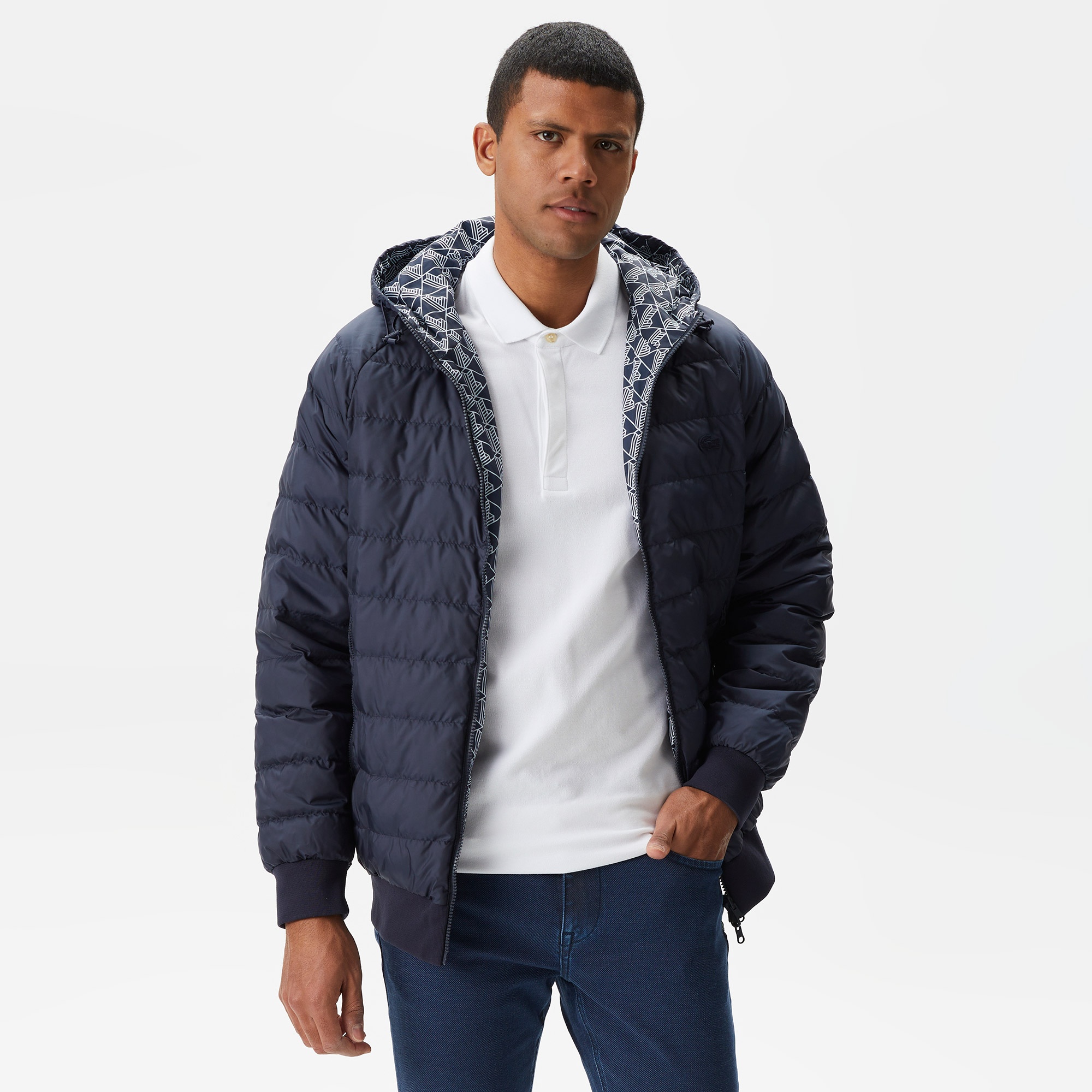 Lacoste Erkek Kapüşonlu Monogram Çift Taraflı Lacivert Bomber Ceket